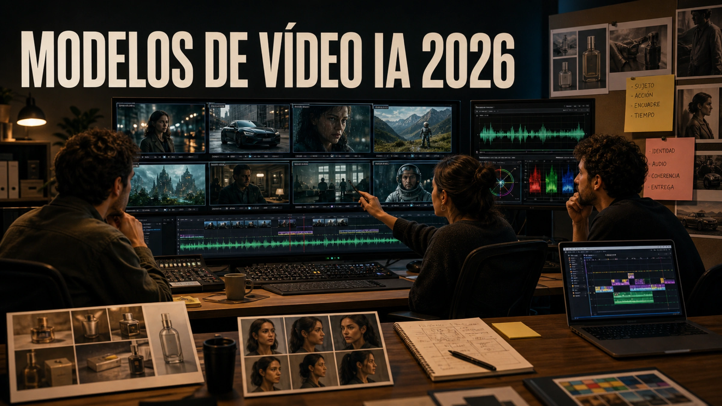 Un equipo de posproducción compara planos, referencias de producto y personaje, una línea de tiempo y audio bajo el título Modelos de vídeo IA 2026