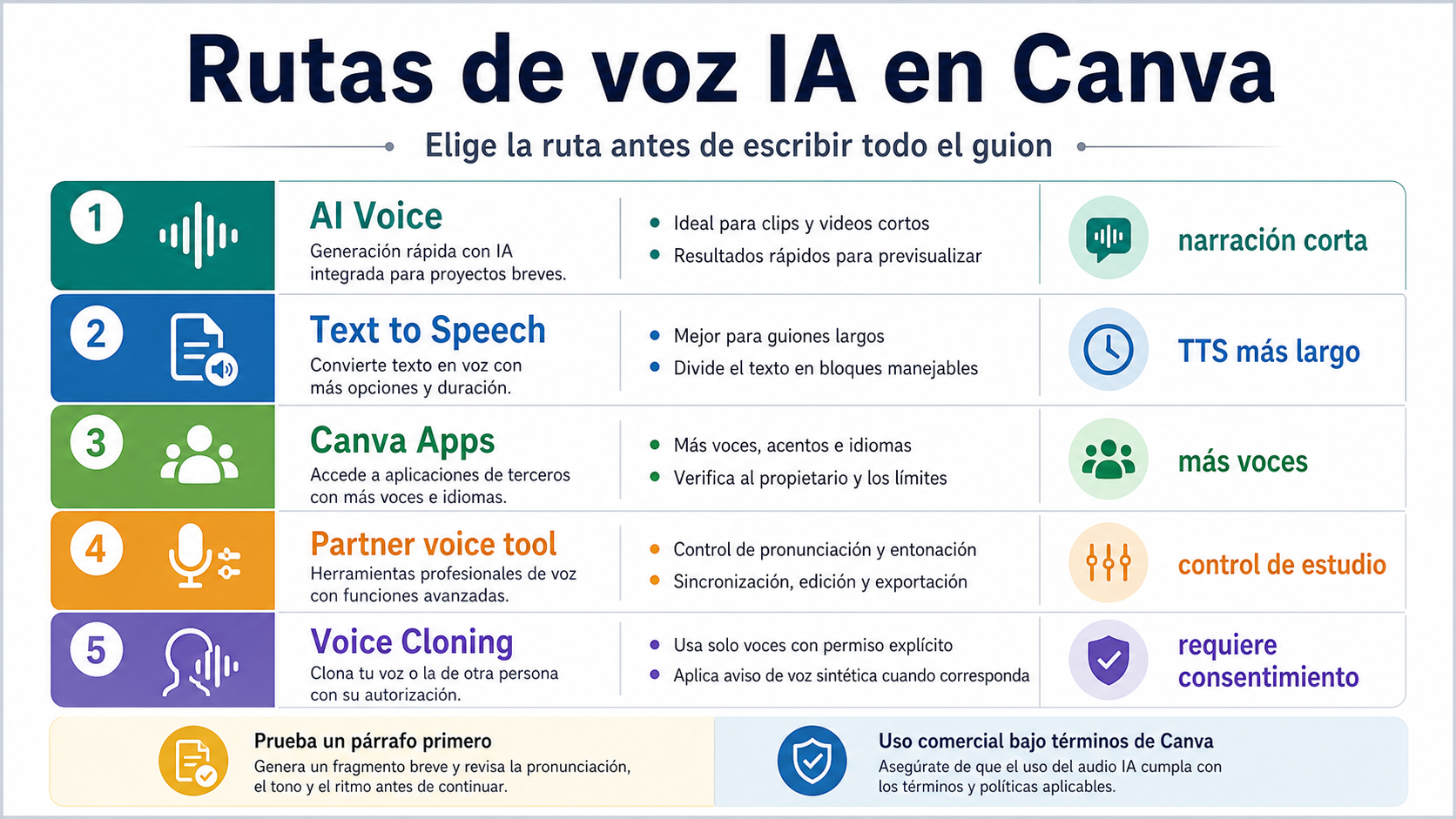 Generador de voz IA de Canva: qué ruta usar, límites y uso comercial