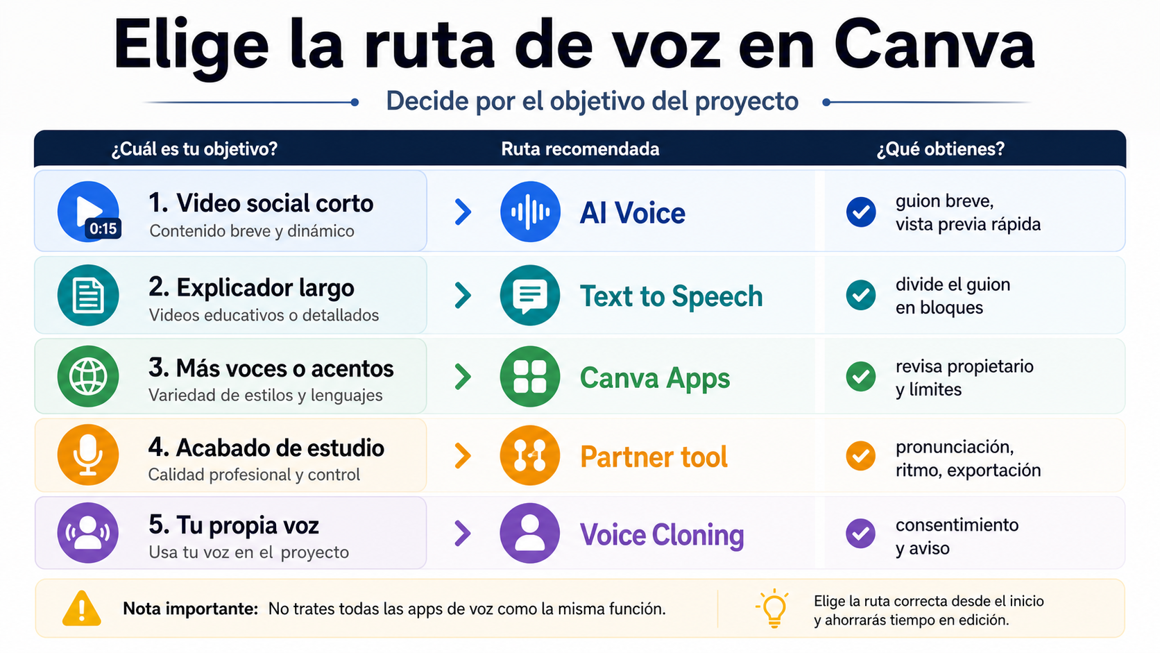 Panel de decisión para elegir la ruta de voz en Canva según video corto, explicador largo, más voces, control de estudio o clonación.