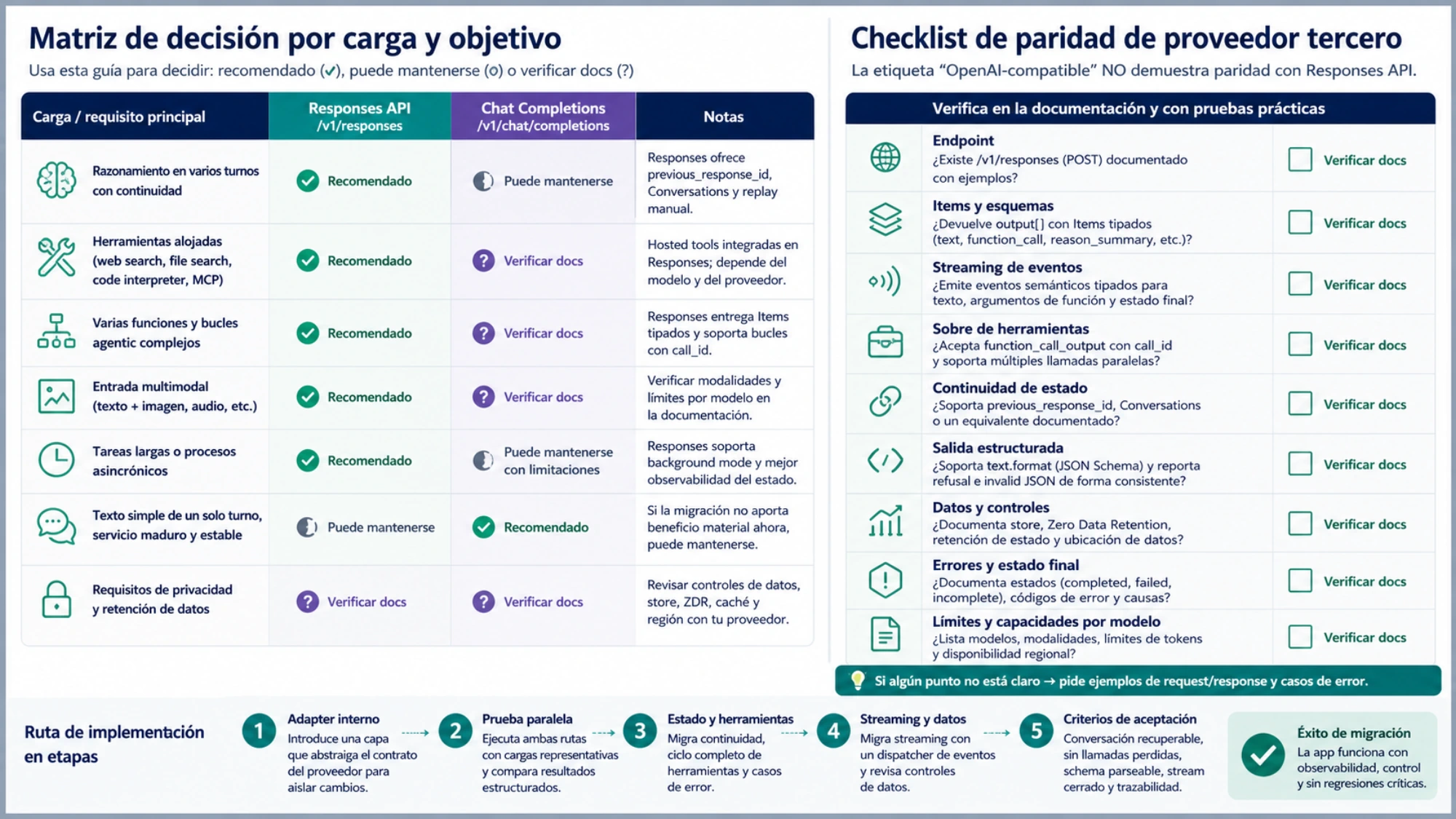 Matriz para elegir API por carga y comprobar la paridad de Responses en un proveedor tercero