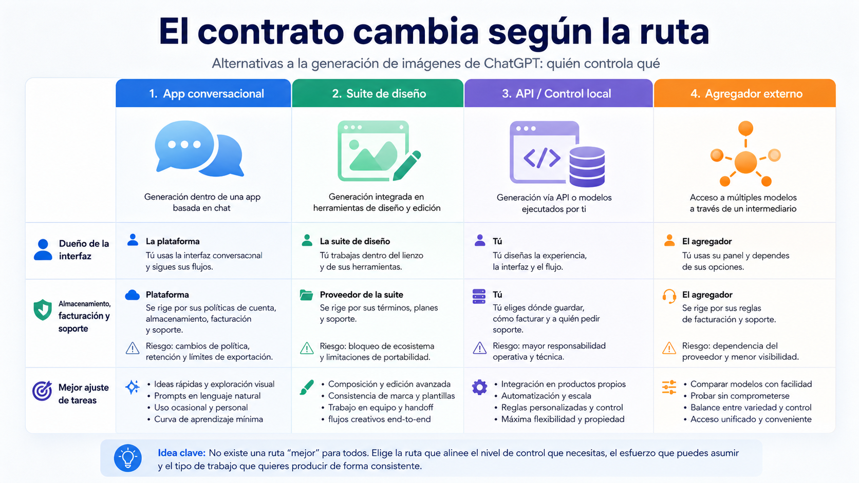 Separación entre app de consumo, suite de diseño, API o control local, y agregador externo
