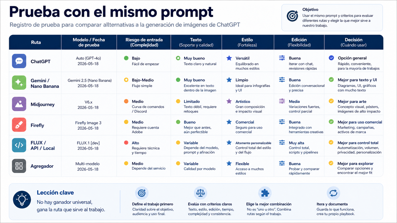 Registro de prueba con el mismo prompt para comparar alternativas de generación de imágenes