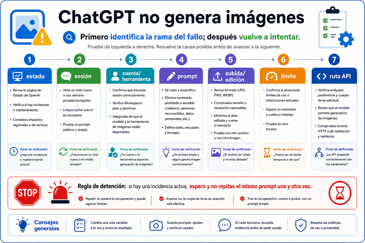 Tablero de diagnóstico que separa los fallos de imágenes en ChatGPT por estado, sesión, cuenta, prompt, subida, límite y API