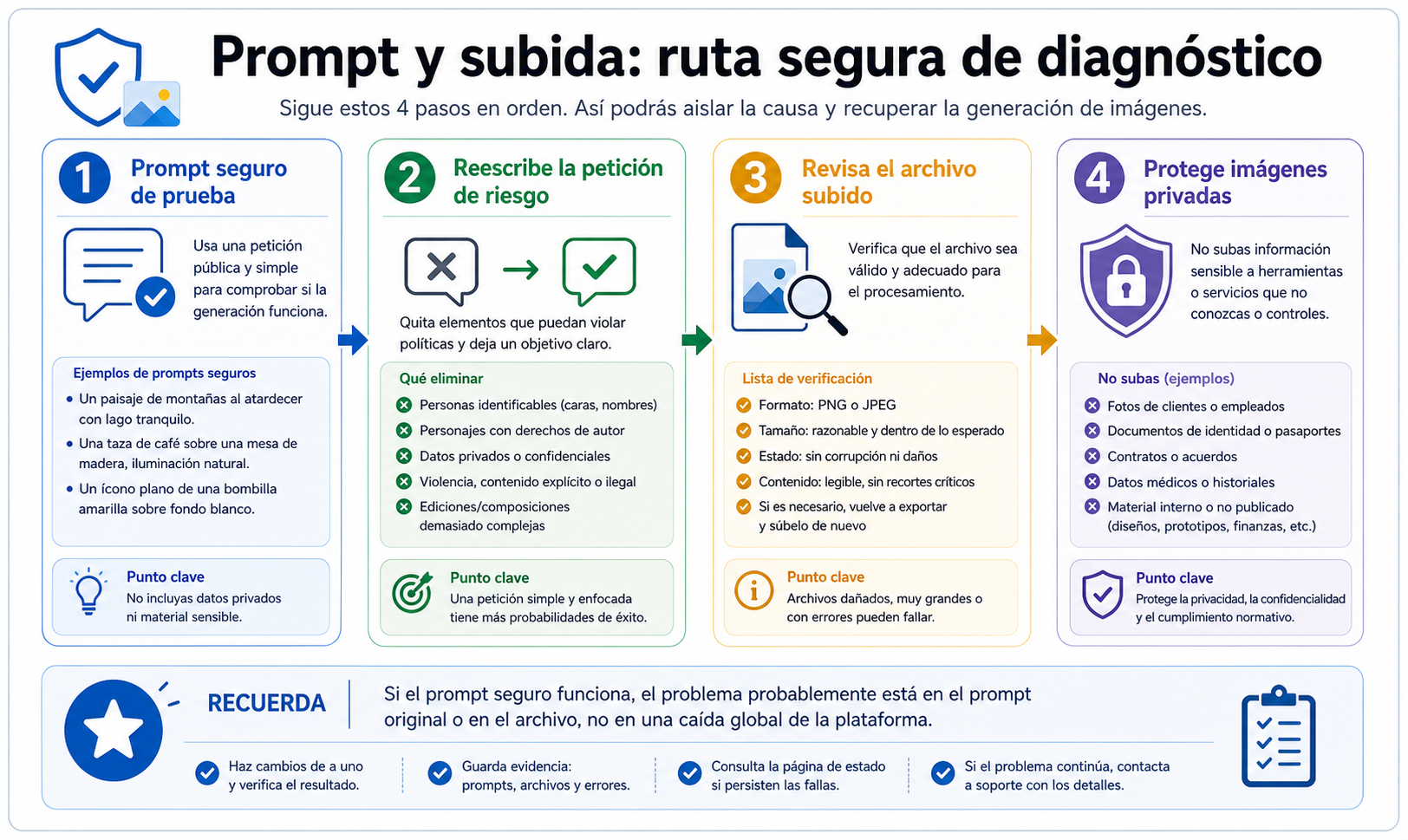 Ruta de decisión para prompt y upload: prueba segura, reescritura por política, revisión del archivo y protección de imágenes privadas