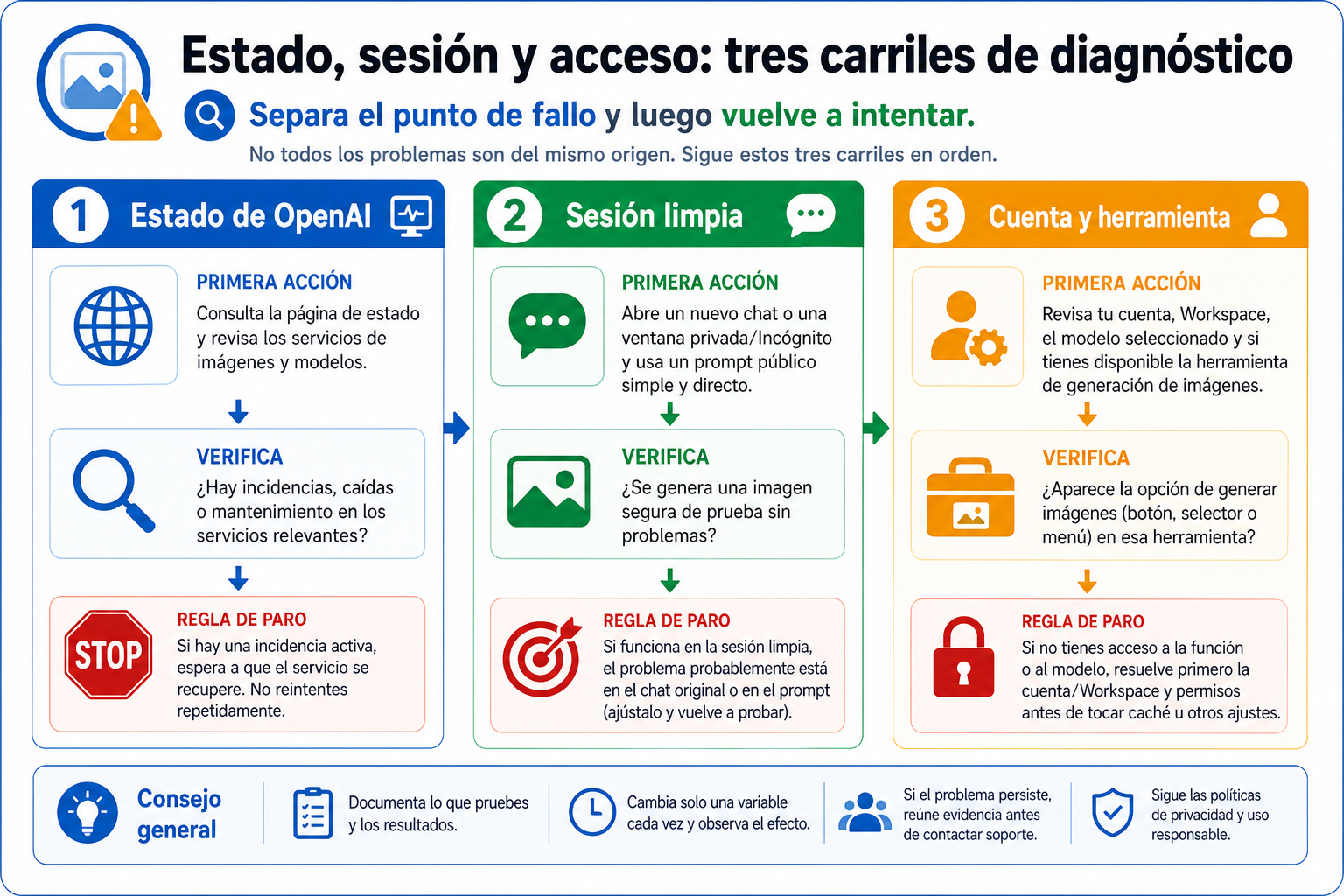 Mapa de tres ramas que separa OpenAI Status, prueba de sesión limpia y acceso de cuenta o herramienta