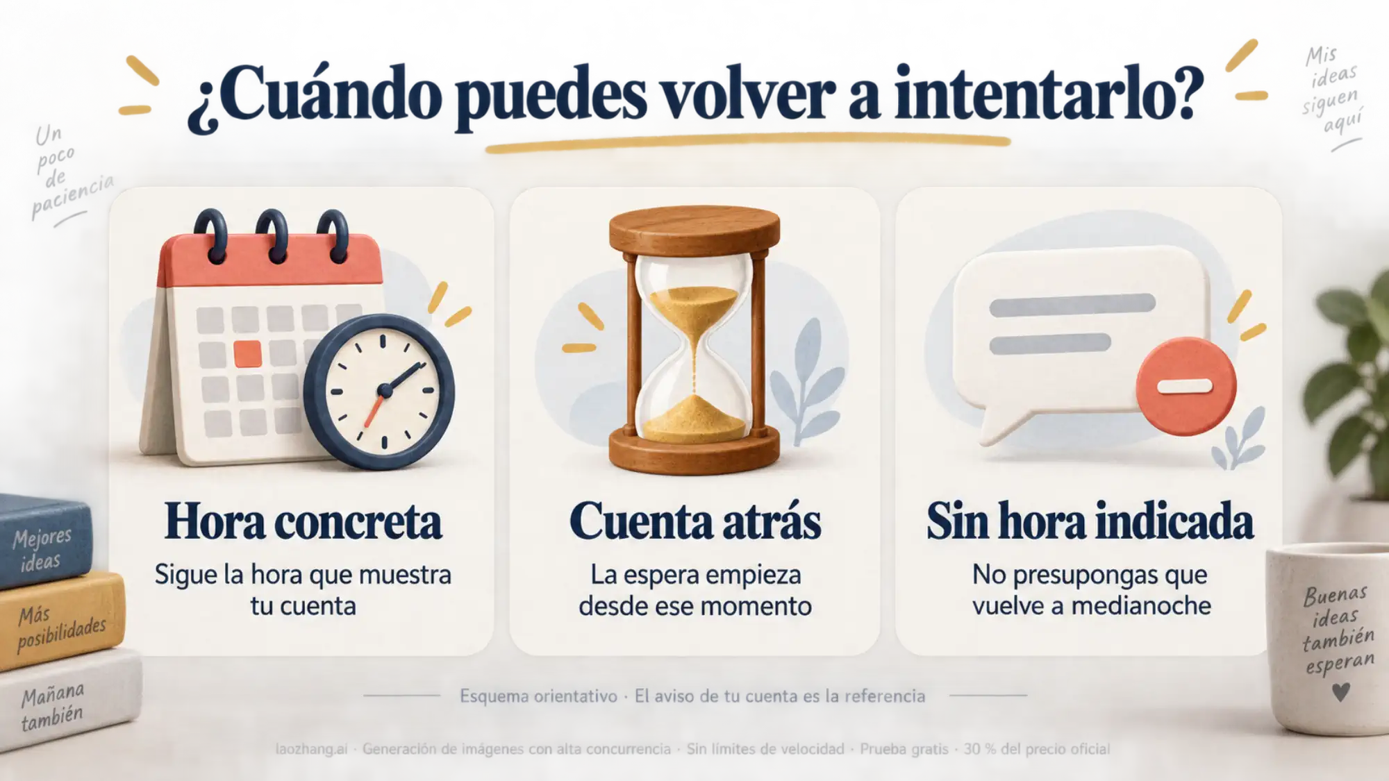 Tres formas de mostrar la espera: una hora concreta, una cuenta atrás o un aviso sin hora