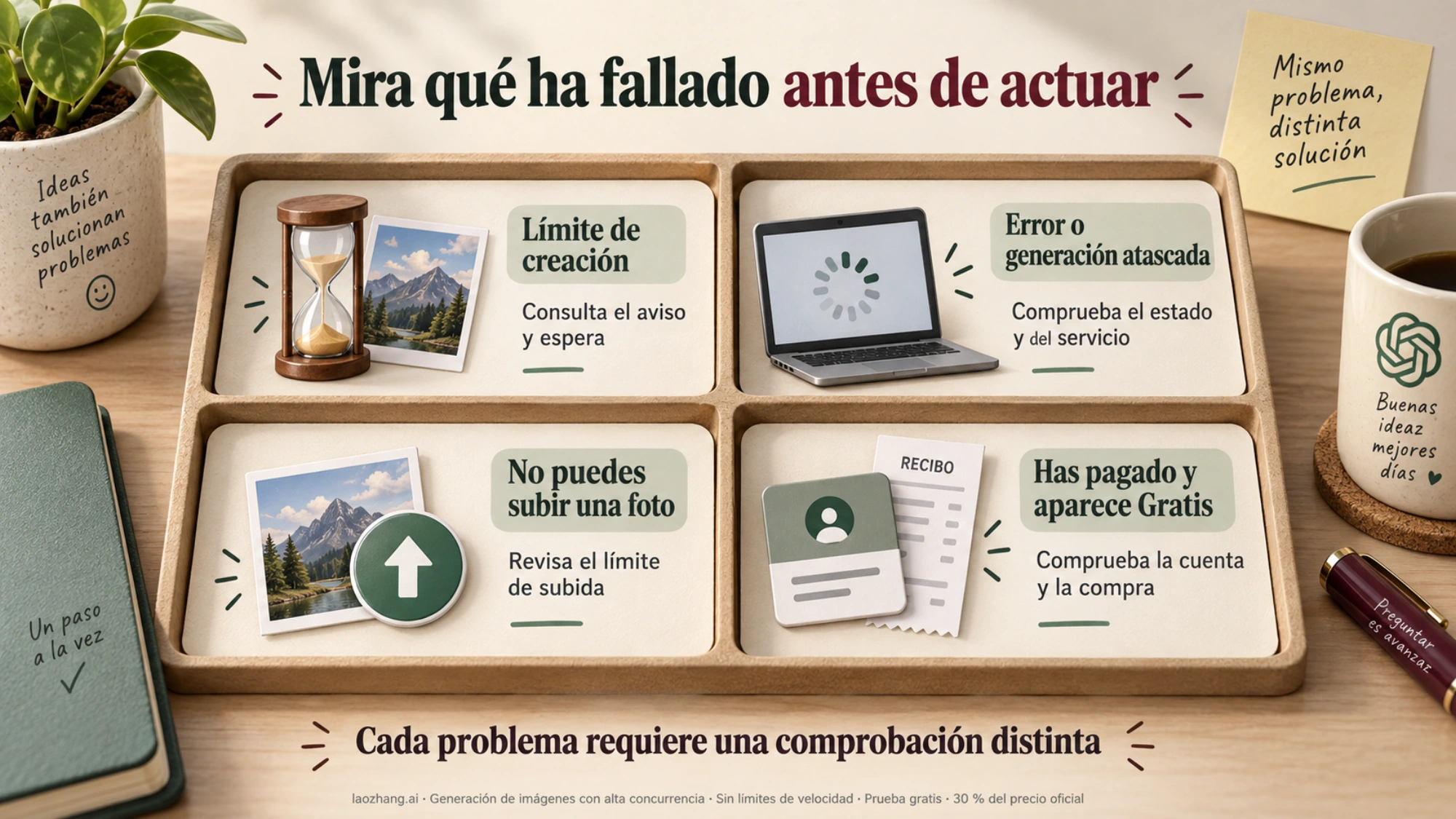 Cuatro situaciones de diagnóstico: límite de creación, generación atascada, fallo de subida y suscripción sin reconocer