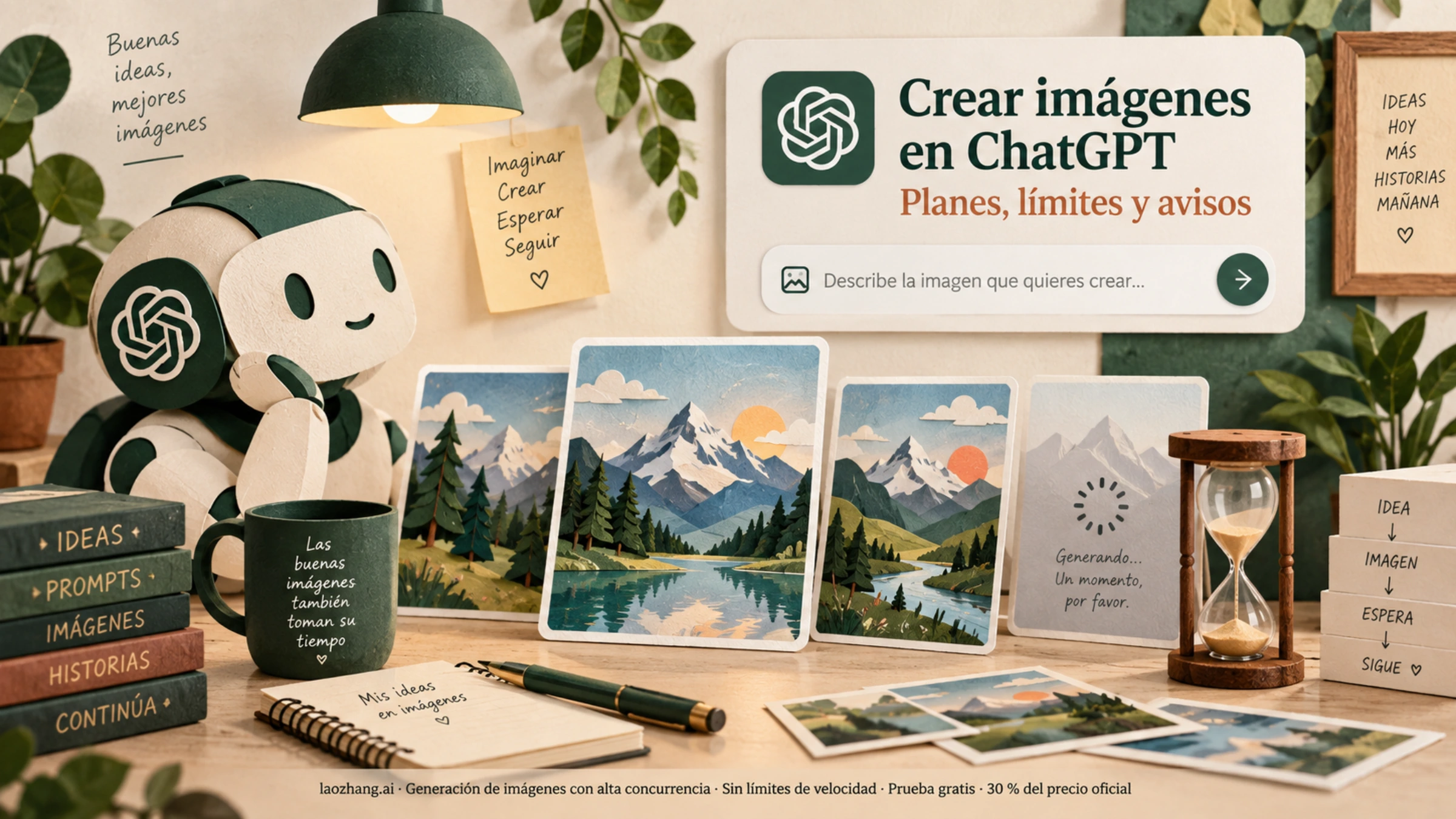 Ilustración de un estudio de creación de imágenes en ChatGPT con fotografías y un reloj de arena