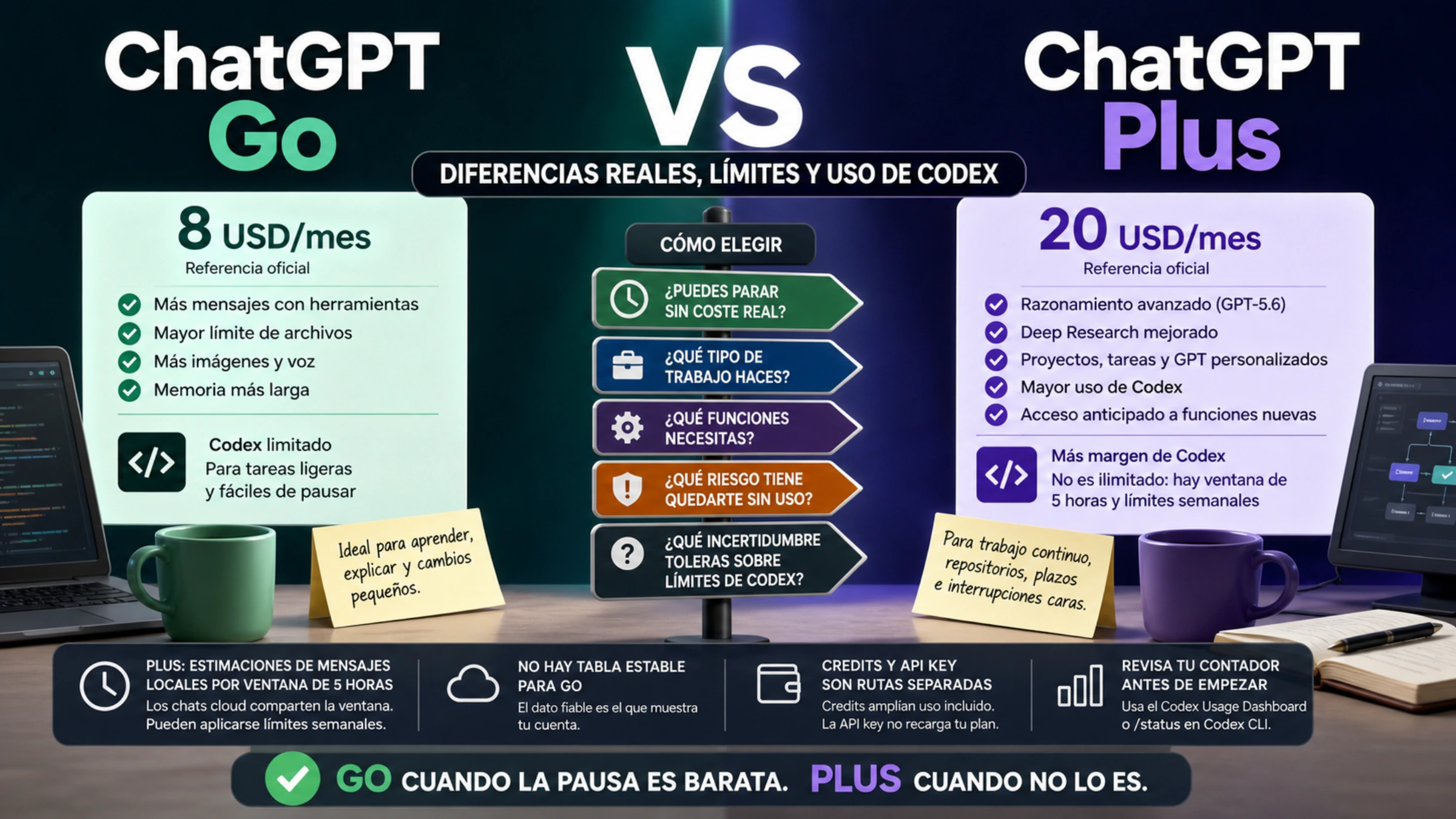 Comparación visual de ChatGPT Go y Plus con precios de 8 y 20 USD, funciones, Codex limitado o con más margen, riesgos de límites y decisión por coste de pausa