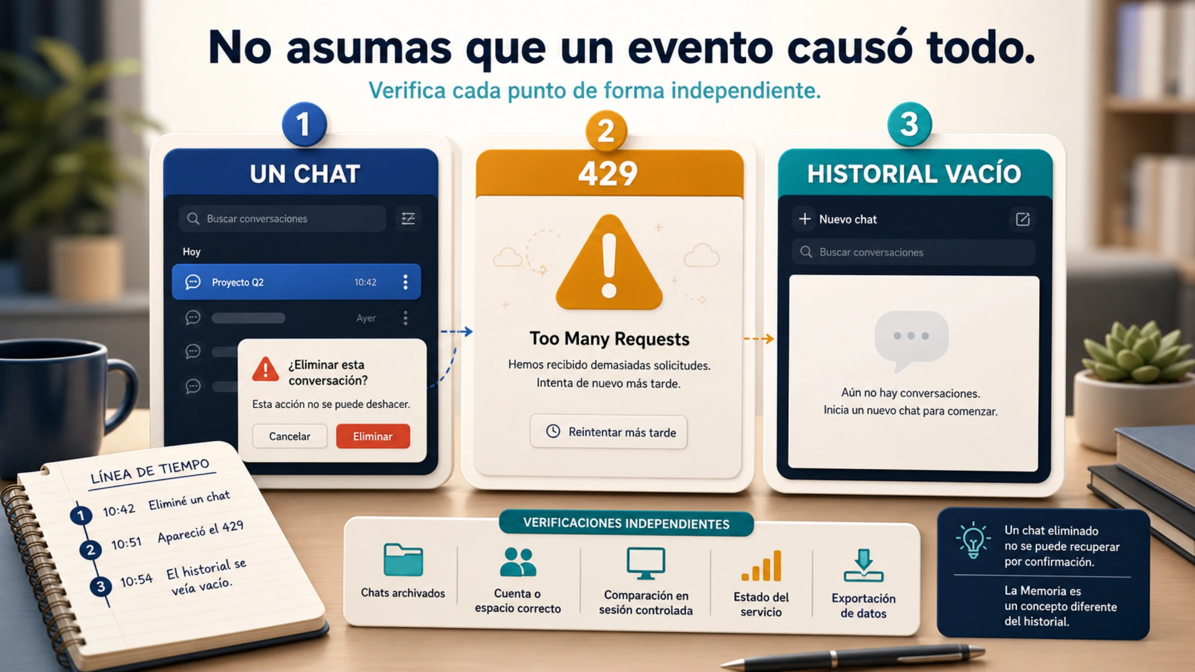 Una escena sin datos personales que muestra por separado un chat eliminado, el aviso Too Many Requests y una barra lateral vacía.