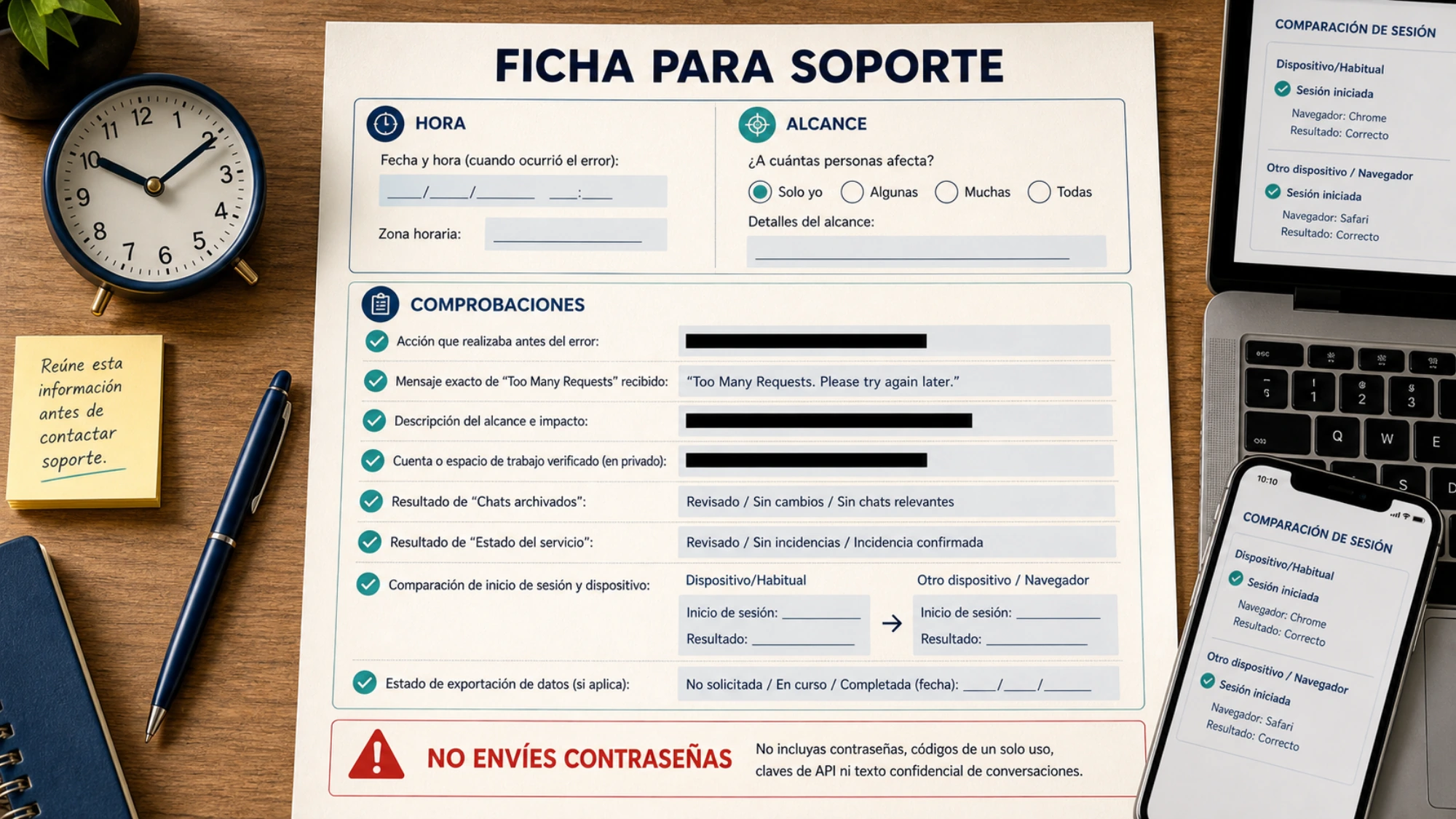 Ficha de soporte anonimizada con cronología, alcance, comparación de dispositivos y comprobaciones terminadas.