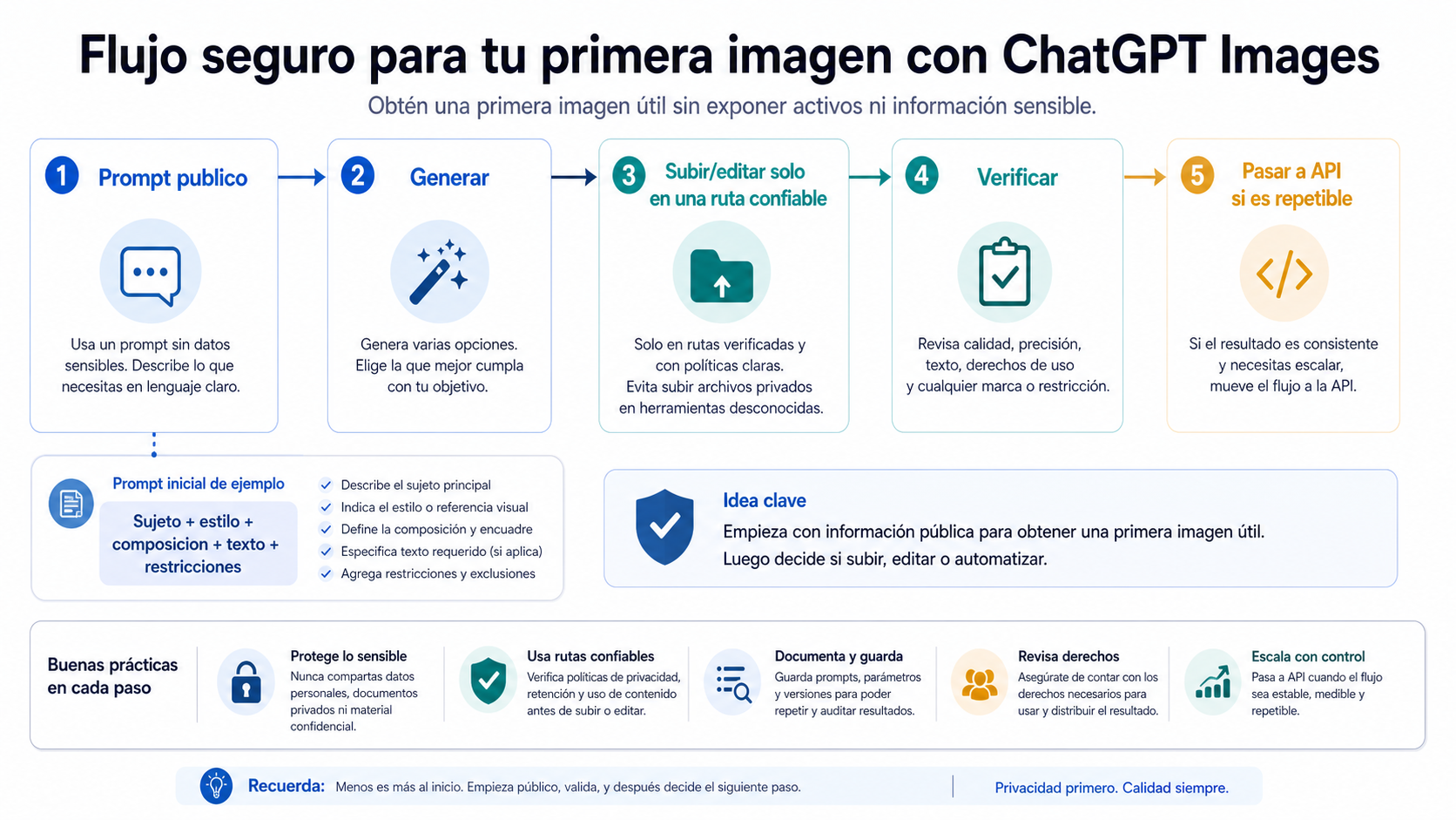 Flujo seguro para probar un prompt público, generar, editar, verificar y pasar al API solo cuando haga falta
