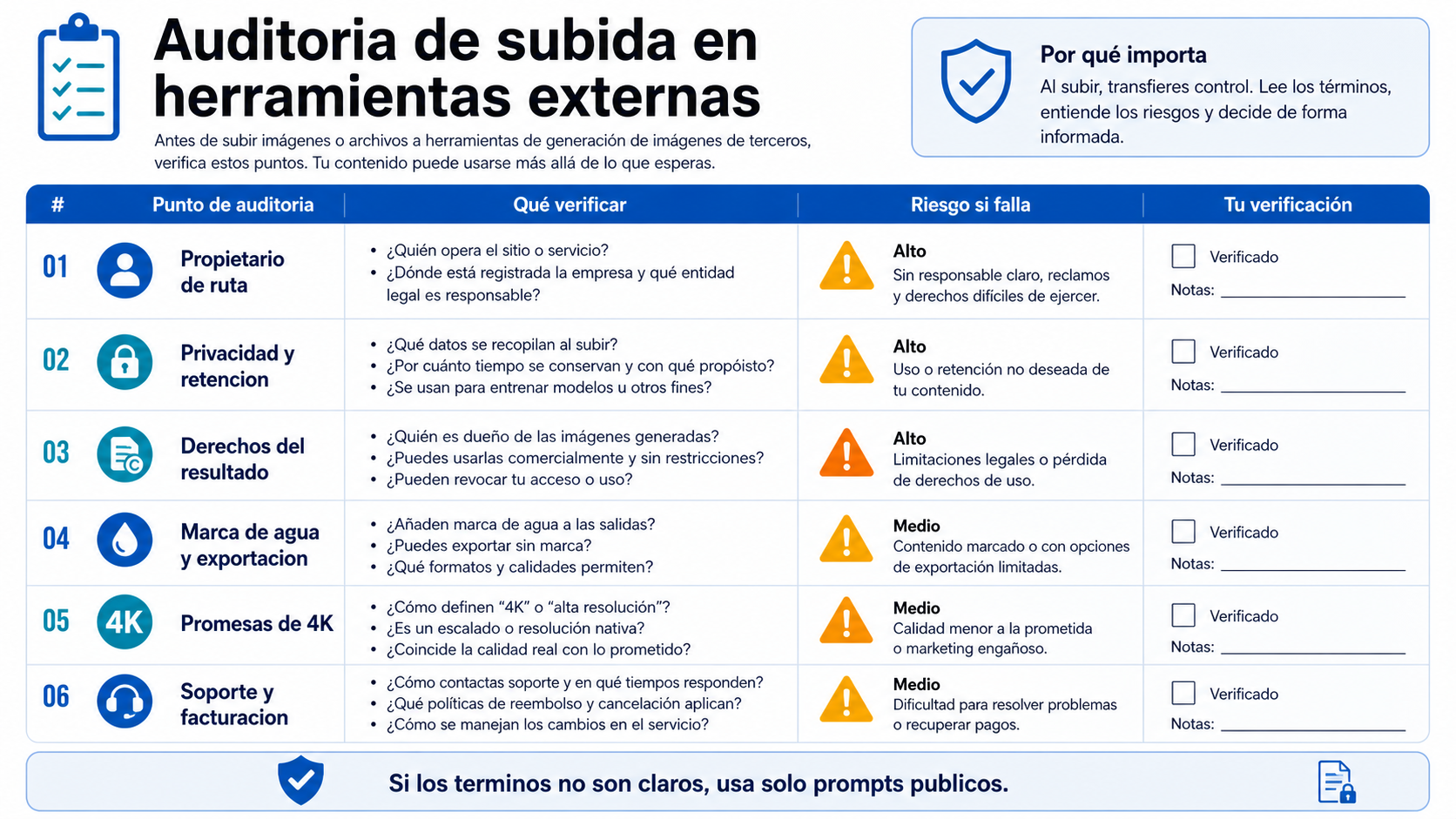 Lista de revisión antes de subir archivos a una herramienta gratis de generación de imágenes