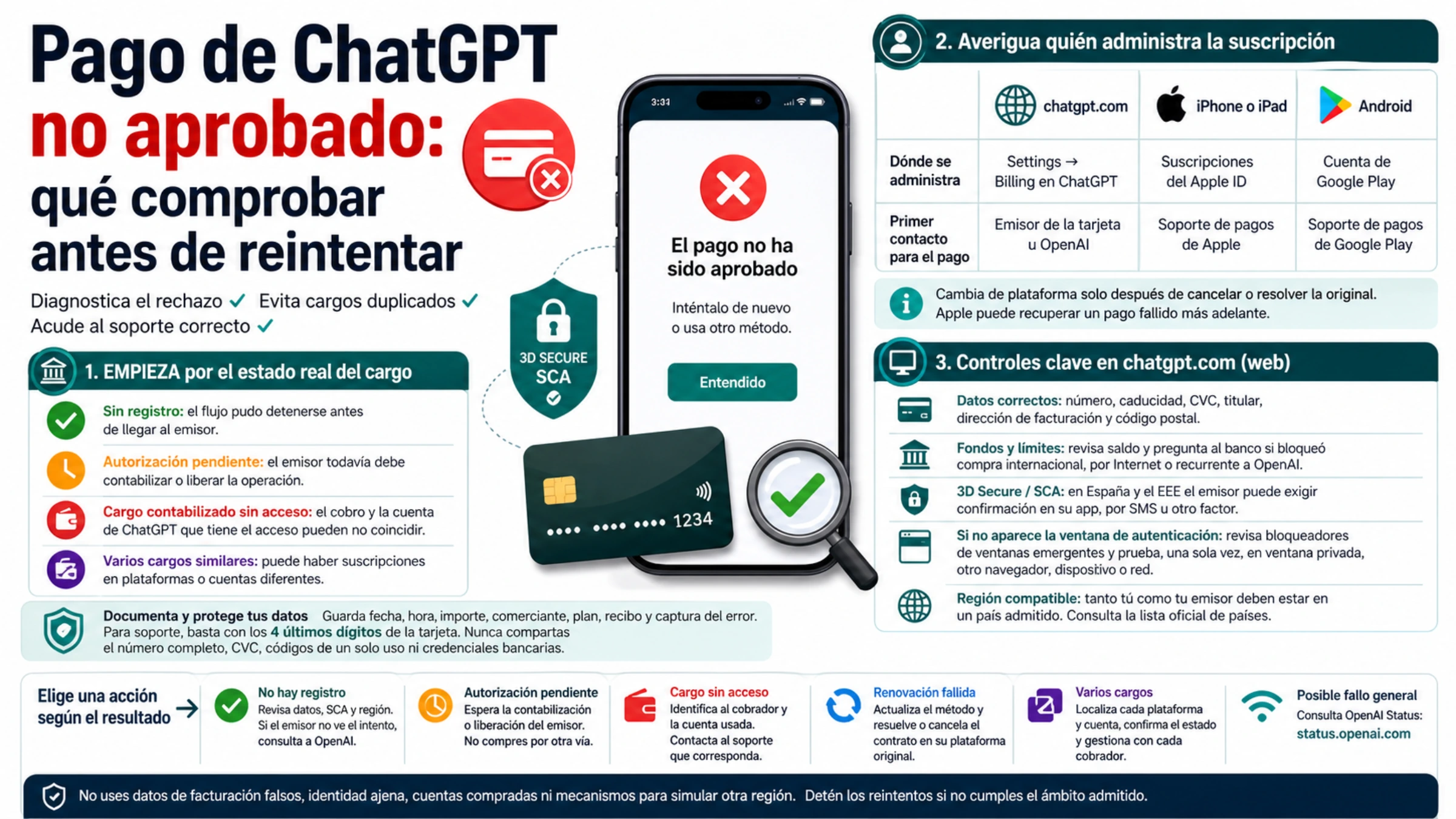 Guía en español para diagnosticar un pago de ChatGPT no aprobado por estado del cargo, plataforma de compra y autenticación SCA