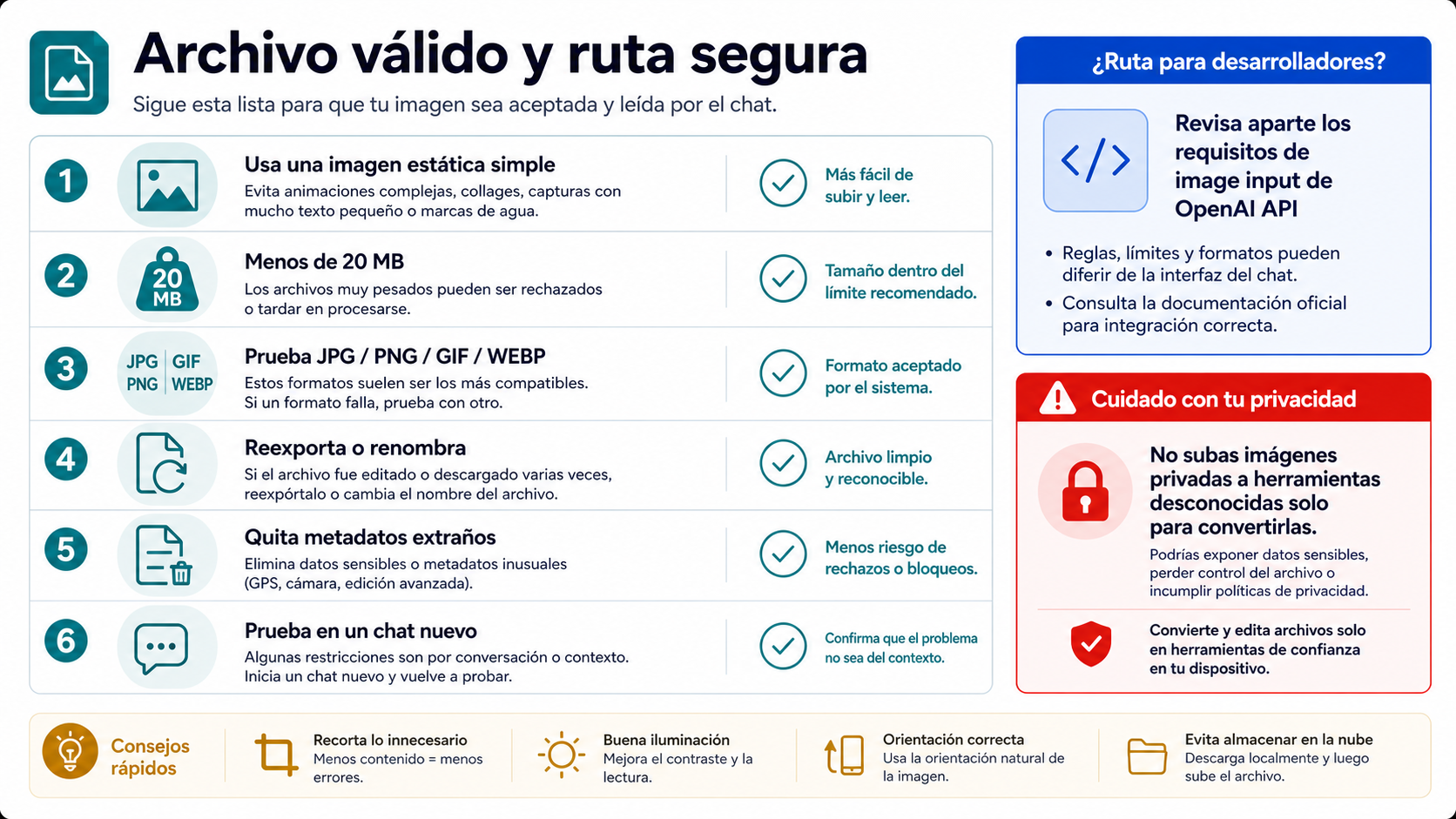 Lista de validación de archivos para subir imágenes a ChatGPT y límite seguro entre app y API.