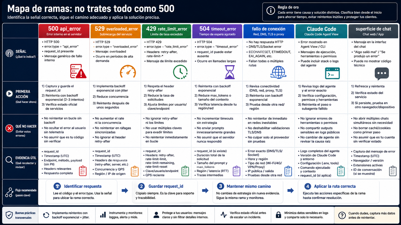 Mapa de ramas de errores de Claude API que separa 500 api_error, 529 overloaded_error, 429 rate_limit_error, 504 timeout_error, fallo de conexion, Claude Code y superficie de chat.