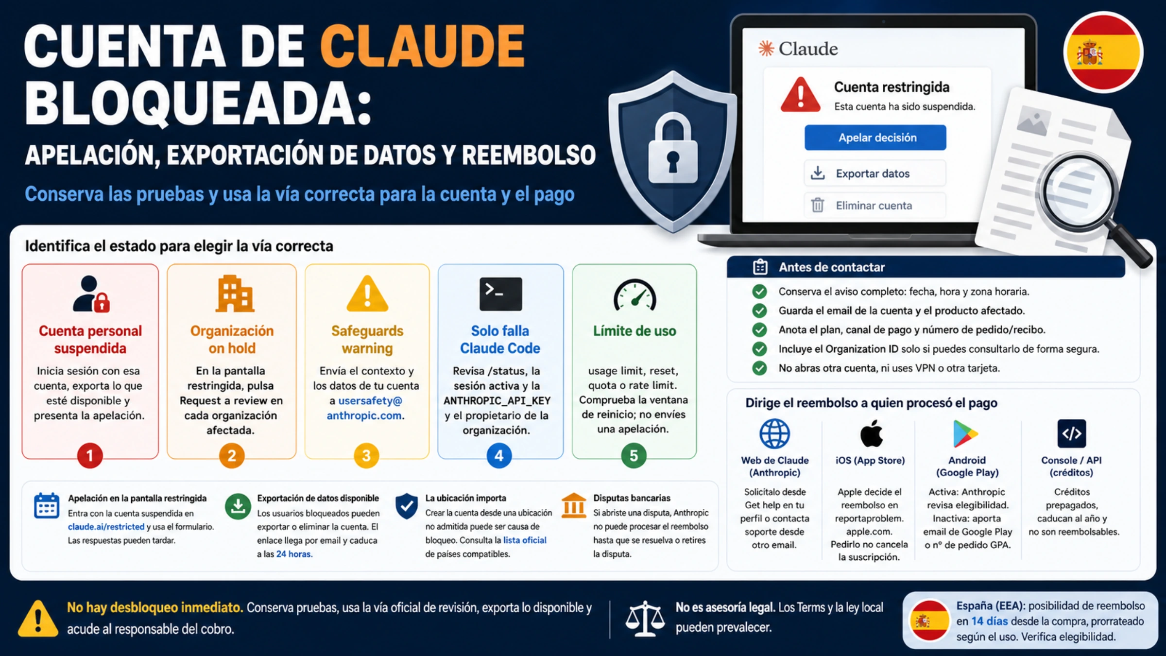 Guía visual en español para una cuenta de Claude bloqueada con estados, pruebas, exportación, apelación y responsables del reembolso