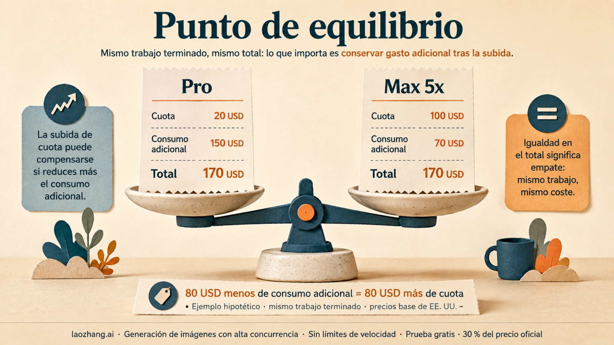 Balanza con recibos de Pro y Max para comparar la cuota y el consumo adicional en el punto de equilibrio