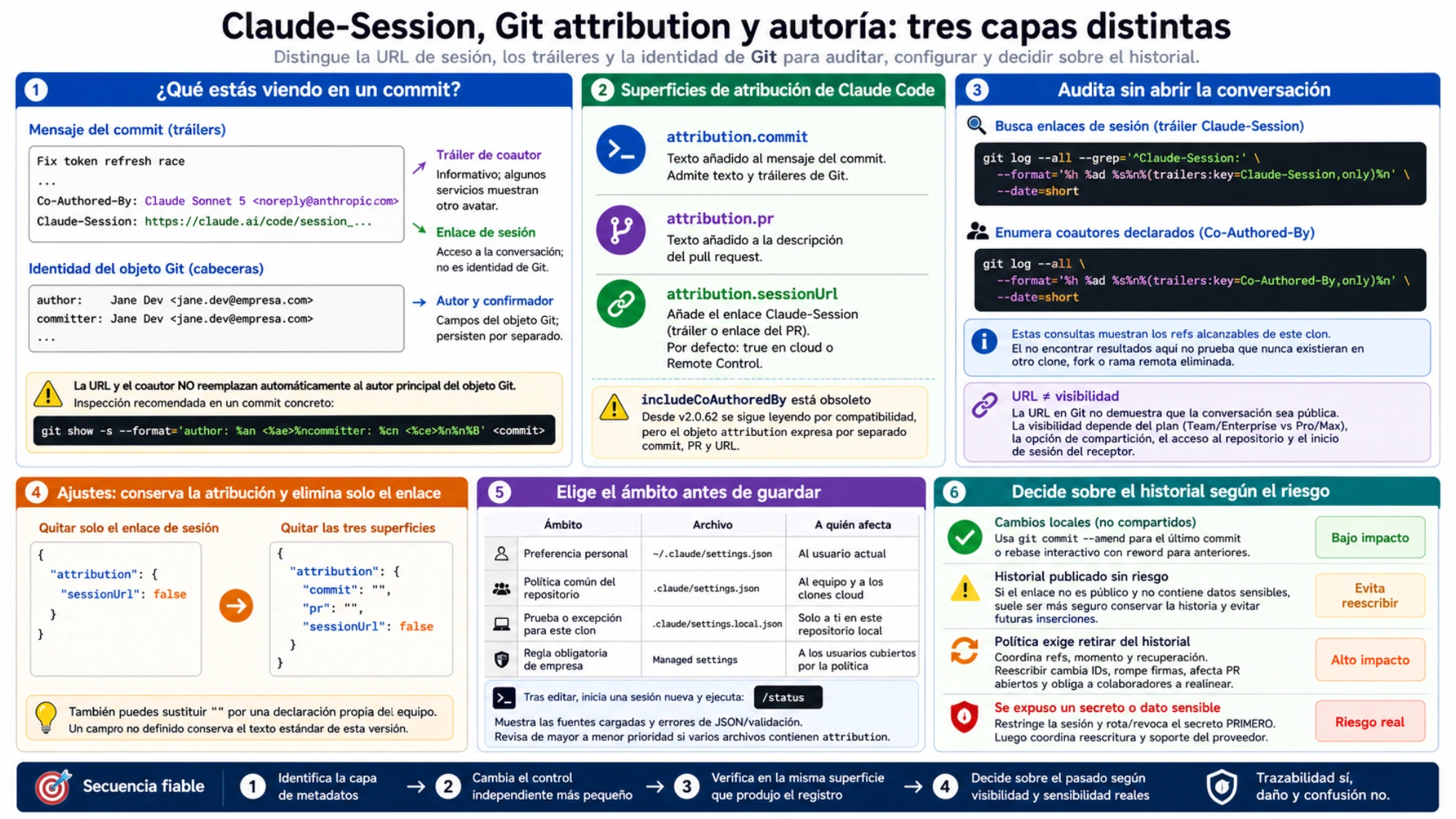 Mapa en español que distingue tráileres e identidad Git y relaciona los ajustes commit pr sessionUrl, el ámbito, la verificación y el nivel de riesgo de los commits existentes