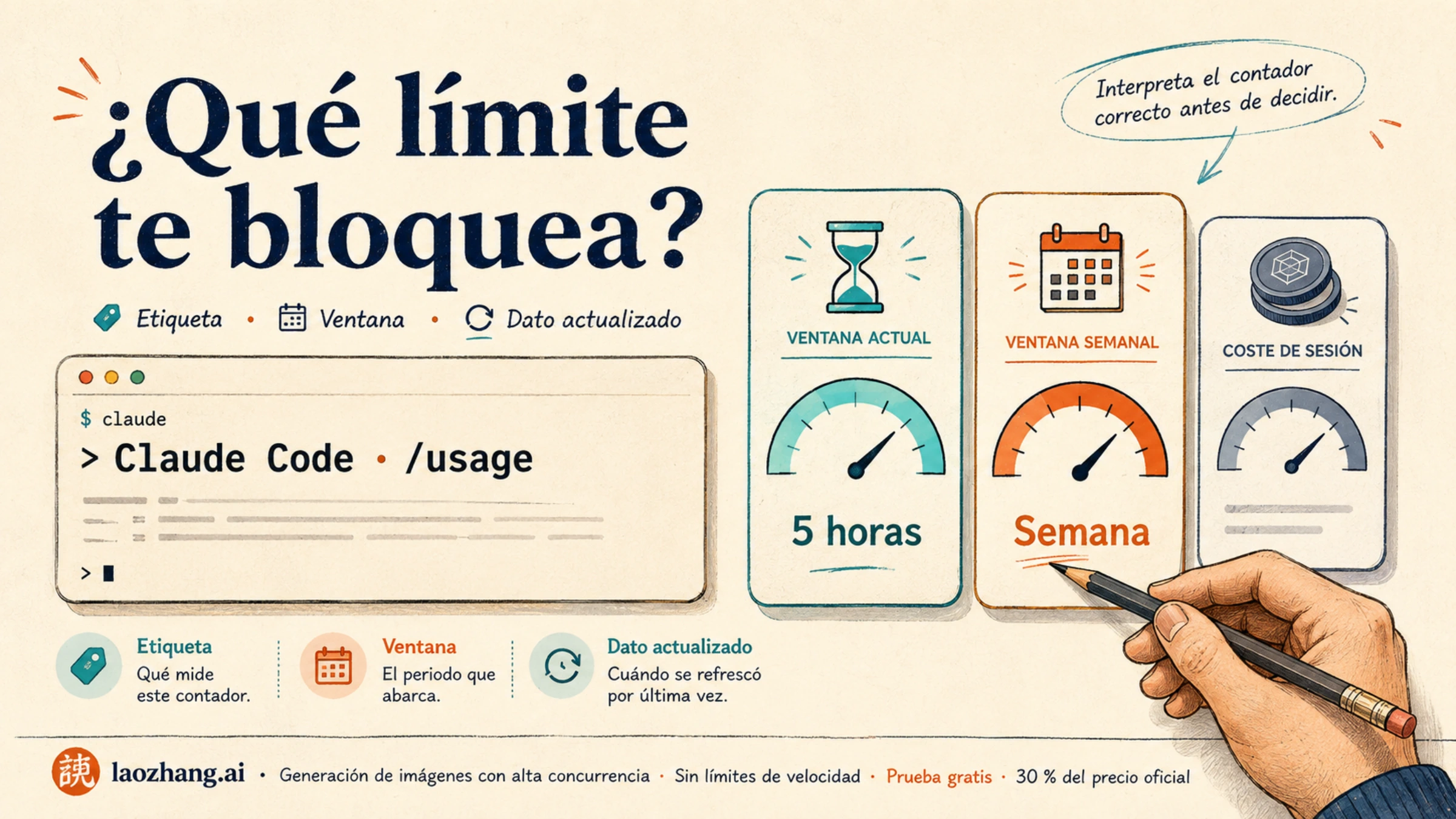 Ilustración de Claude Code con indicadores de la ventana de cinco horas, la semana y el coste de sesión.