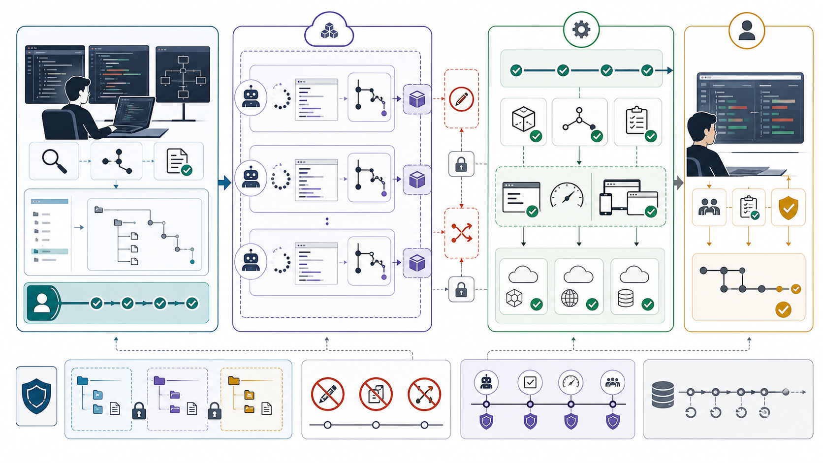 Flujo híbrido de Claude Code y Codex con planning, implementation, review, verification y merge authority separados