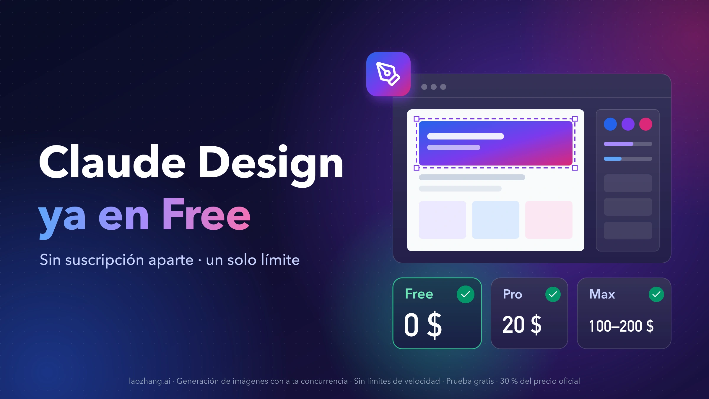 Lienzo de Claude Design junto a los planes Free (0 $), Pro (20 $) y Max (100–200 $), todos con Design incluido