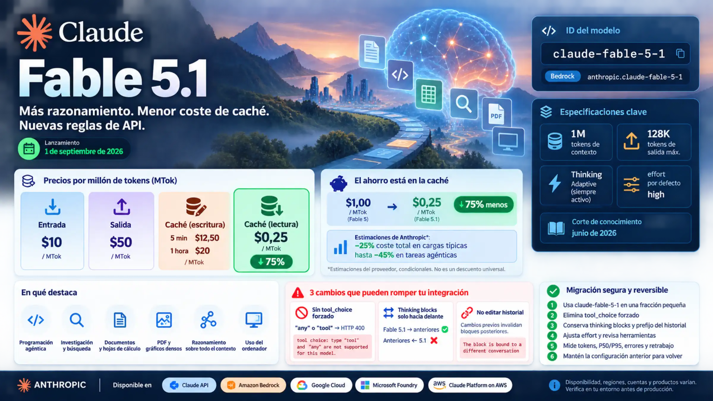 Claude Fable 5.1 con fecha, ID, especificaciones, precio de caché, ámbitos de mejora, incompatibilidades y migración reversible