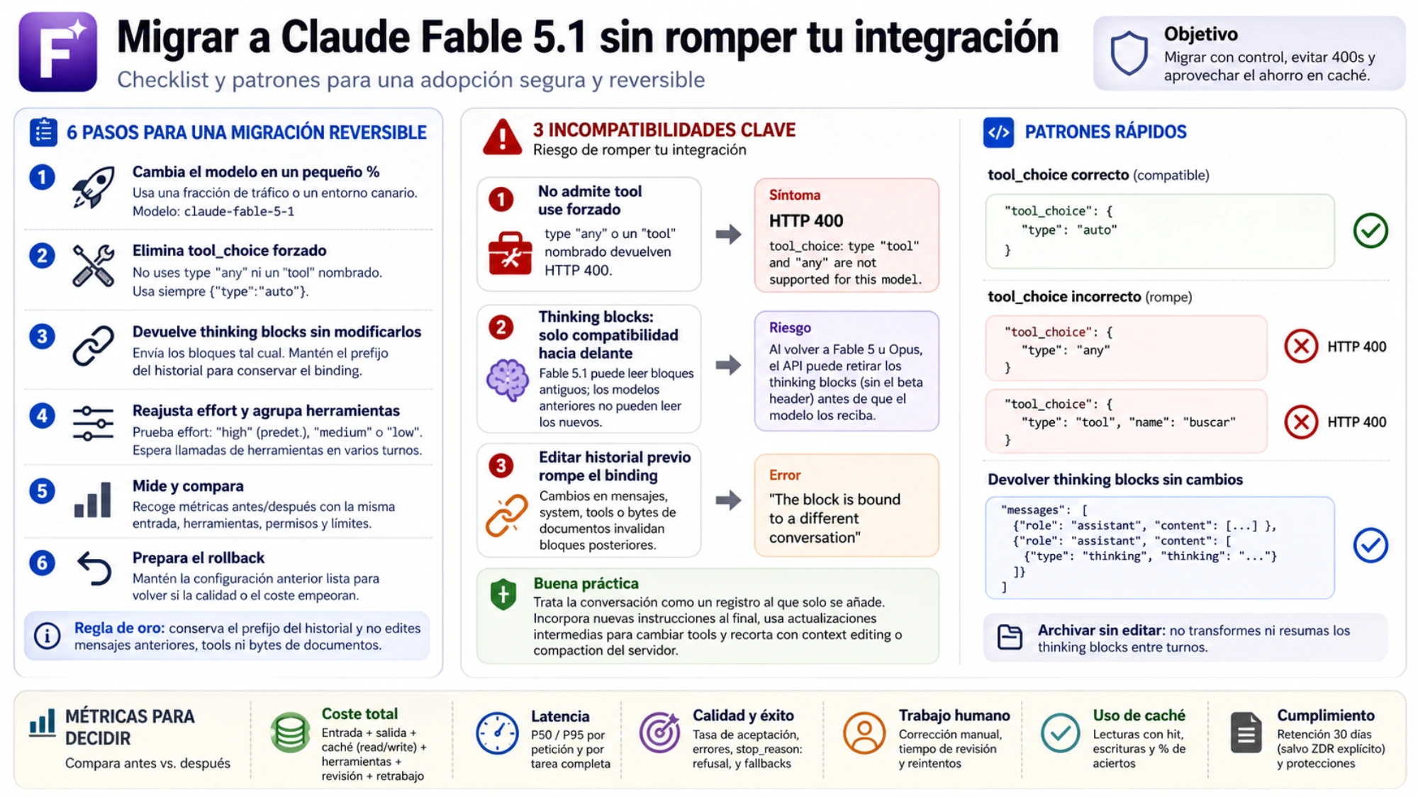 Checklist para migrar a Claude Fable 5.1 con seis pasos reversibles, tres incompatibilidades, patrones de tool_choice y thinking, y métricas de decisión