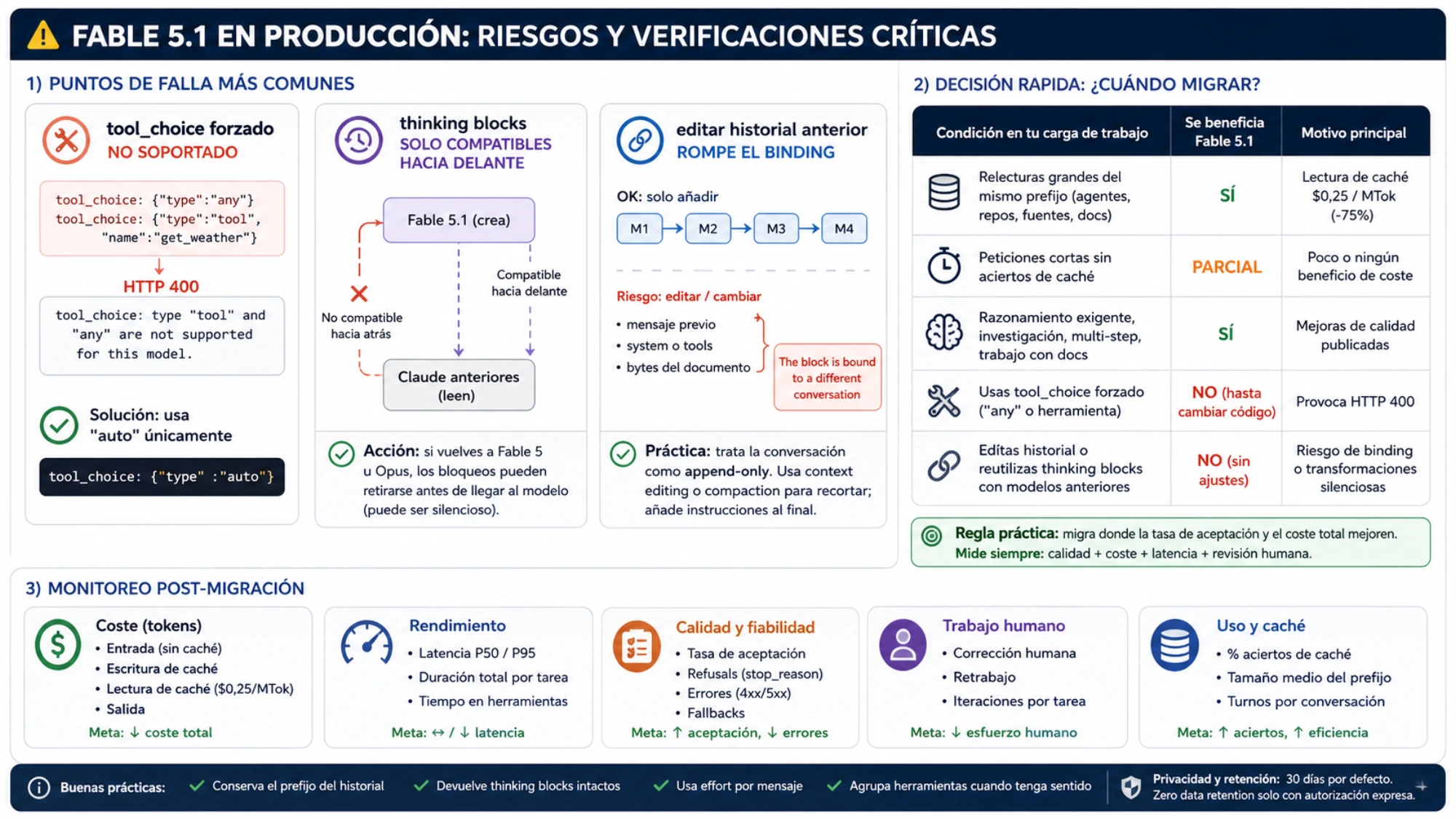 Riesgos críticos de Fable 5.1 en producción, condiciones para migrar, fallos de tool_choice y thinking, y monitorización posterior