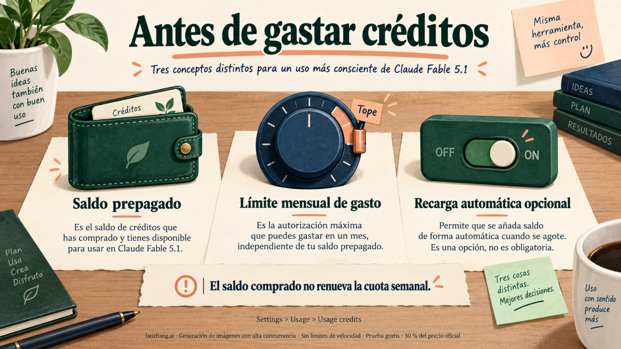 Ilustración de una cartera, un tope de gasto y un interruptor para distinguir saldo, límite mensual y recarga automática