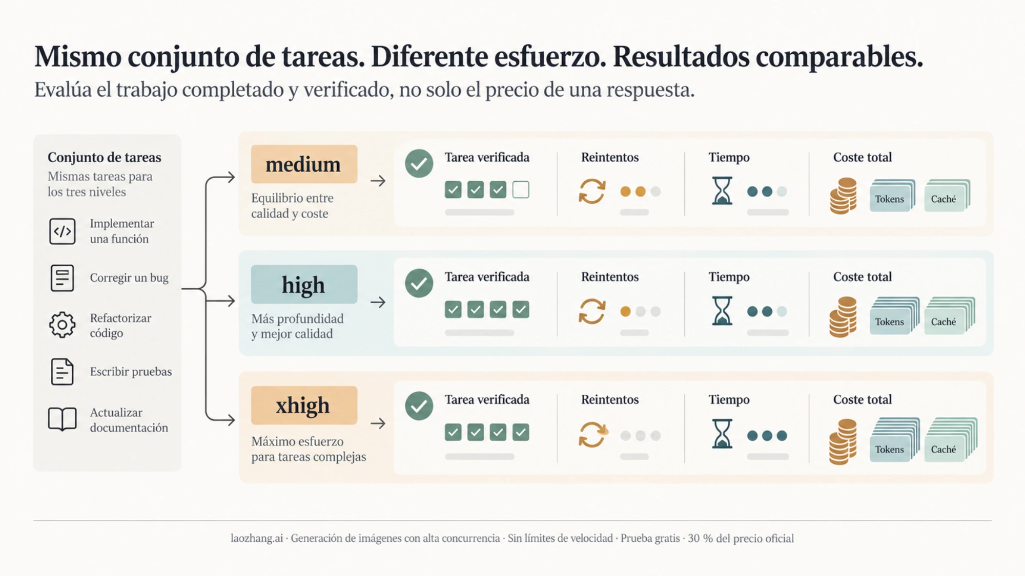 Comparación conceptual de tareas verificadas, reintentos, tiempo y coste total entre varios niveles de esfuerzo