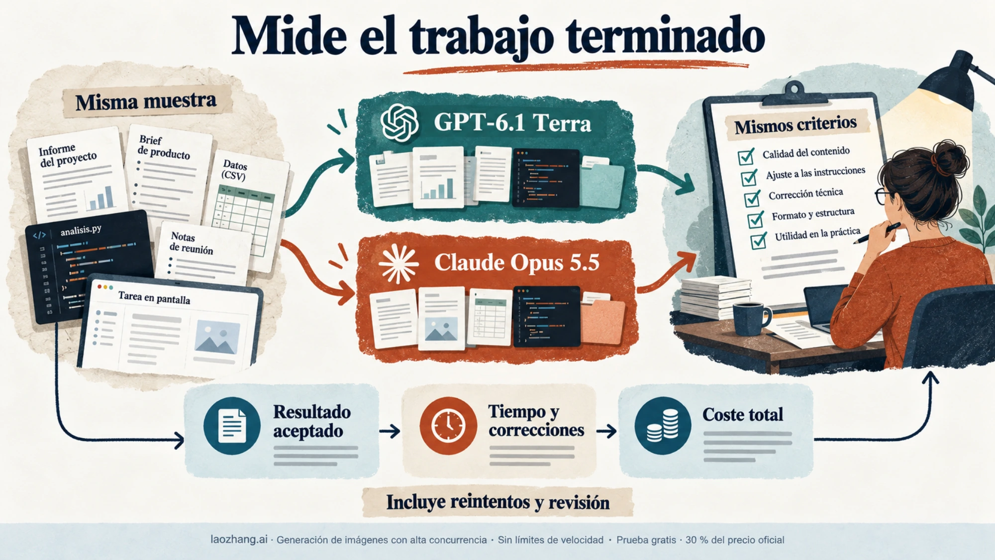 Una misma muestra de tareas pasa por Terra y Opus antes de revisar los resultados.