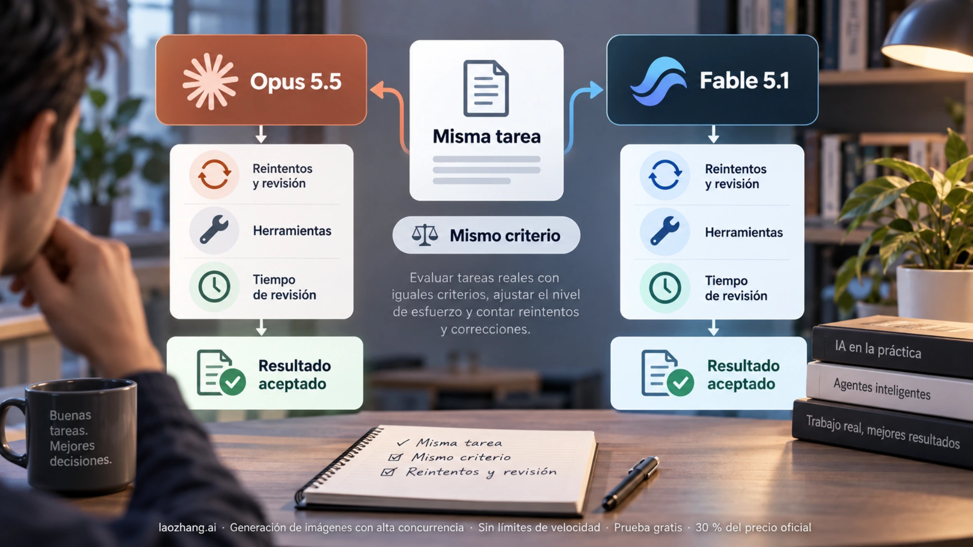 Diagrama para evaluar ambos modelos con la misma tarea y criterio, contando reintentos, herramientas y revisión