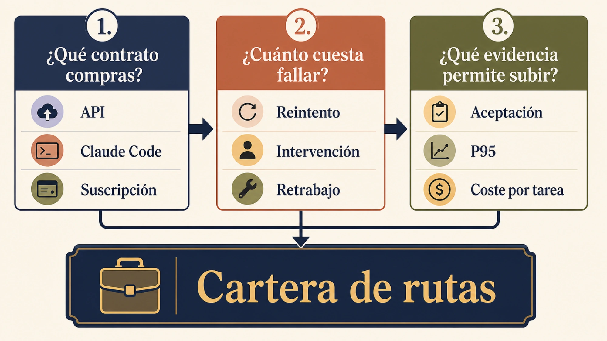 Tres preguntas sobre contrato, coste de fallar y evidencia desembocan en una cartera de rutas