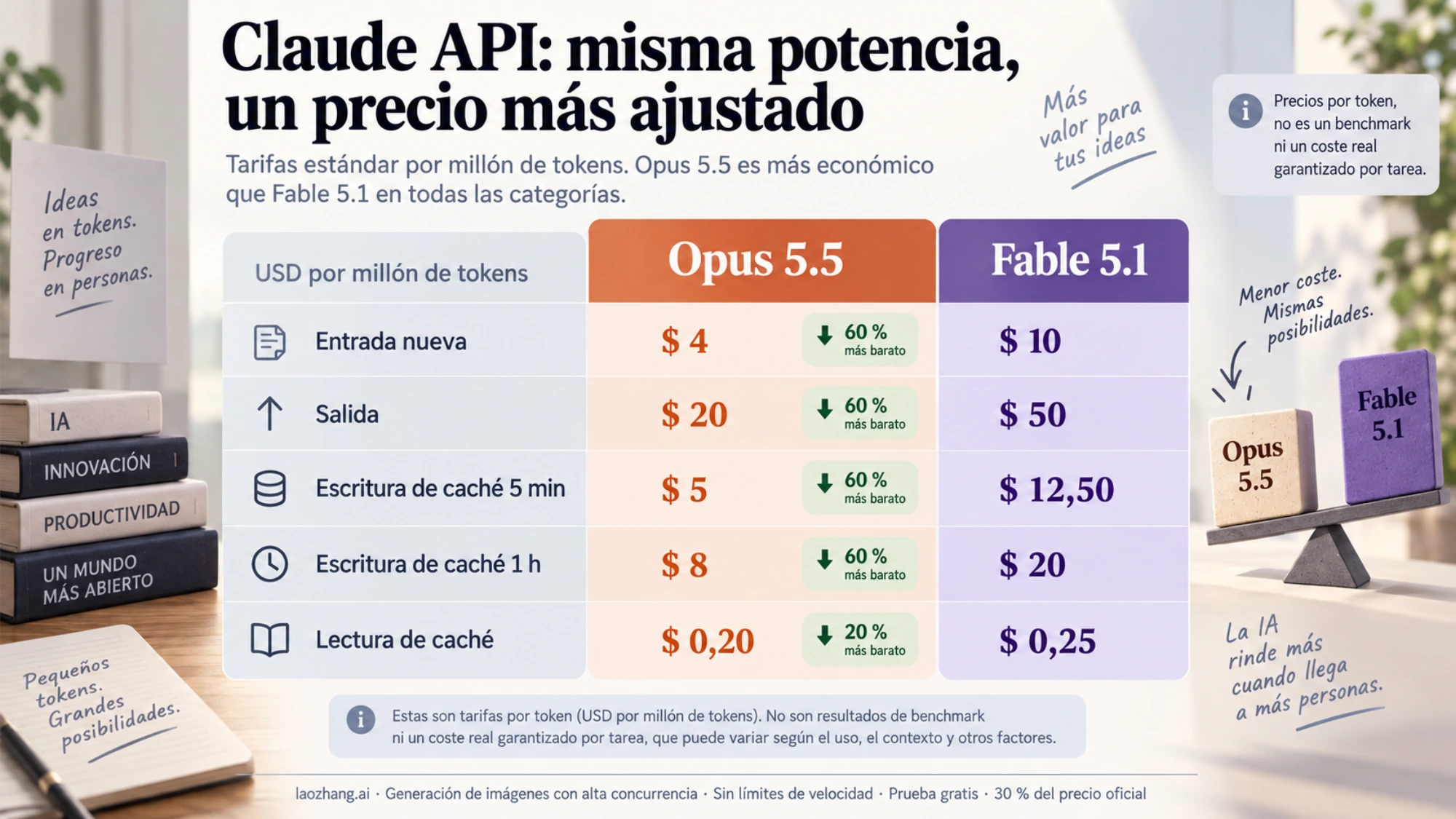 Infografía de las tarifas de entrada, salida y caché de Opus 5.5 y Fable 5.1 por millón de tokens