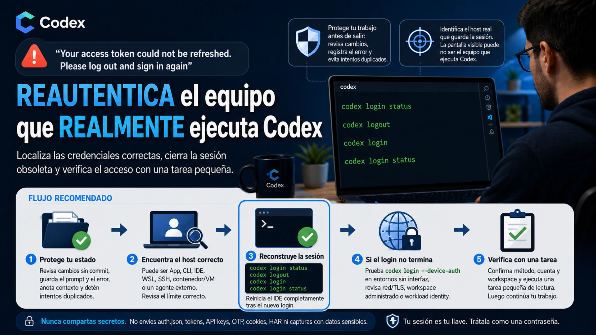Flujo seguro para recuperar Codex tras un fallo del token: proteger el trabajo, localizar el host, reautenticar y verificar una tarea