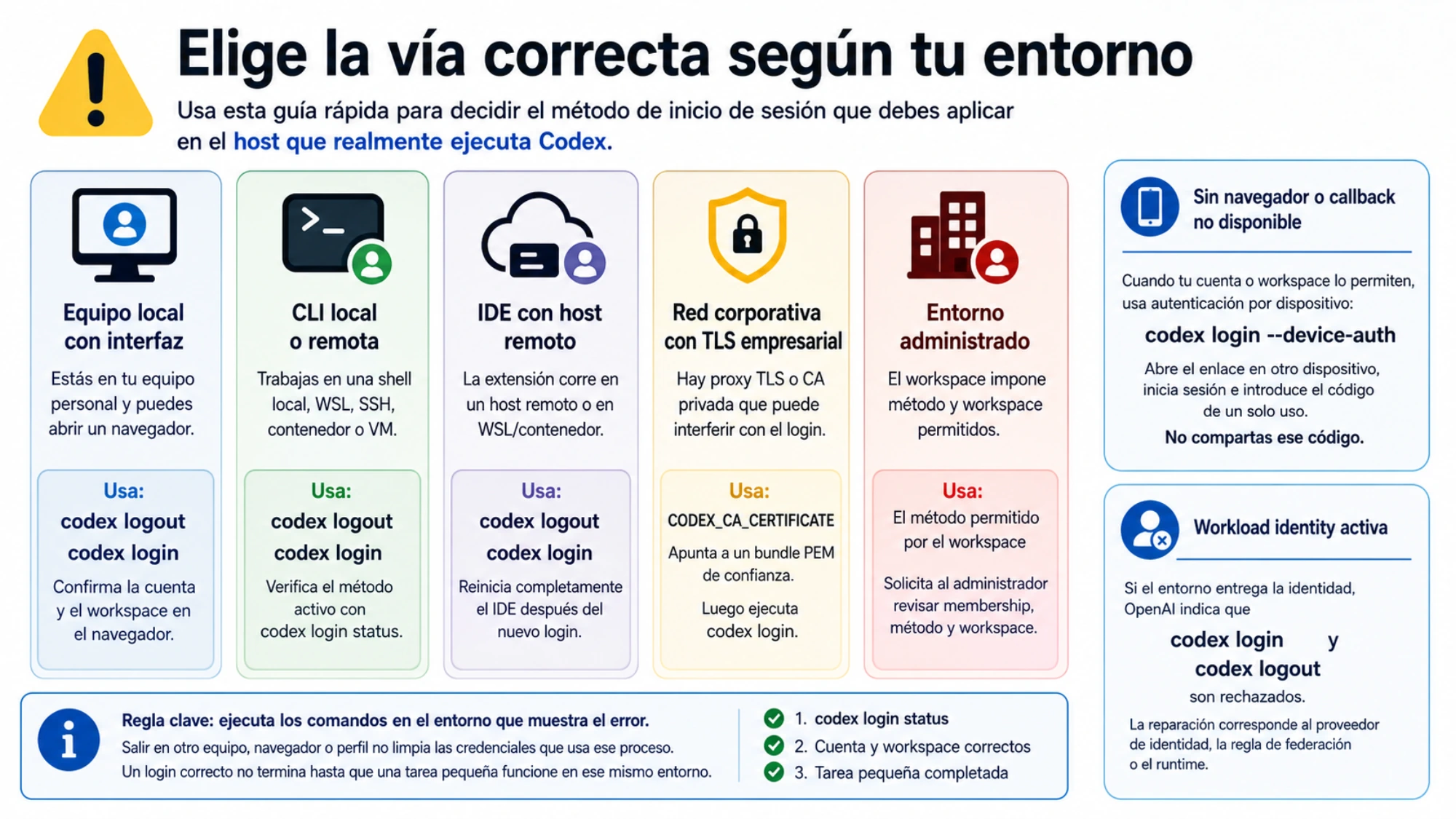 Rutas de autenticación de Codex según el entorno: navegador local, CLI remota, TLS empresarial, workspace administrado y workload identity