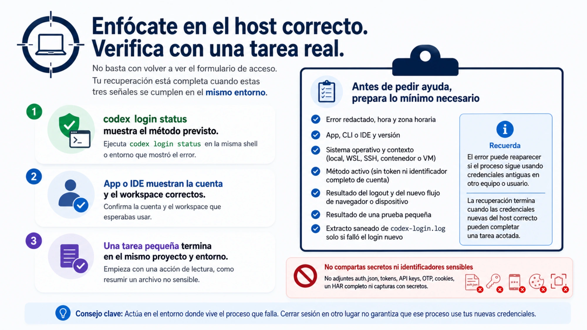Tres señales para confirmar la recuperación de Codex y lista mínima de datos saneados que se pueden enviar a soporte