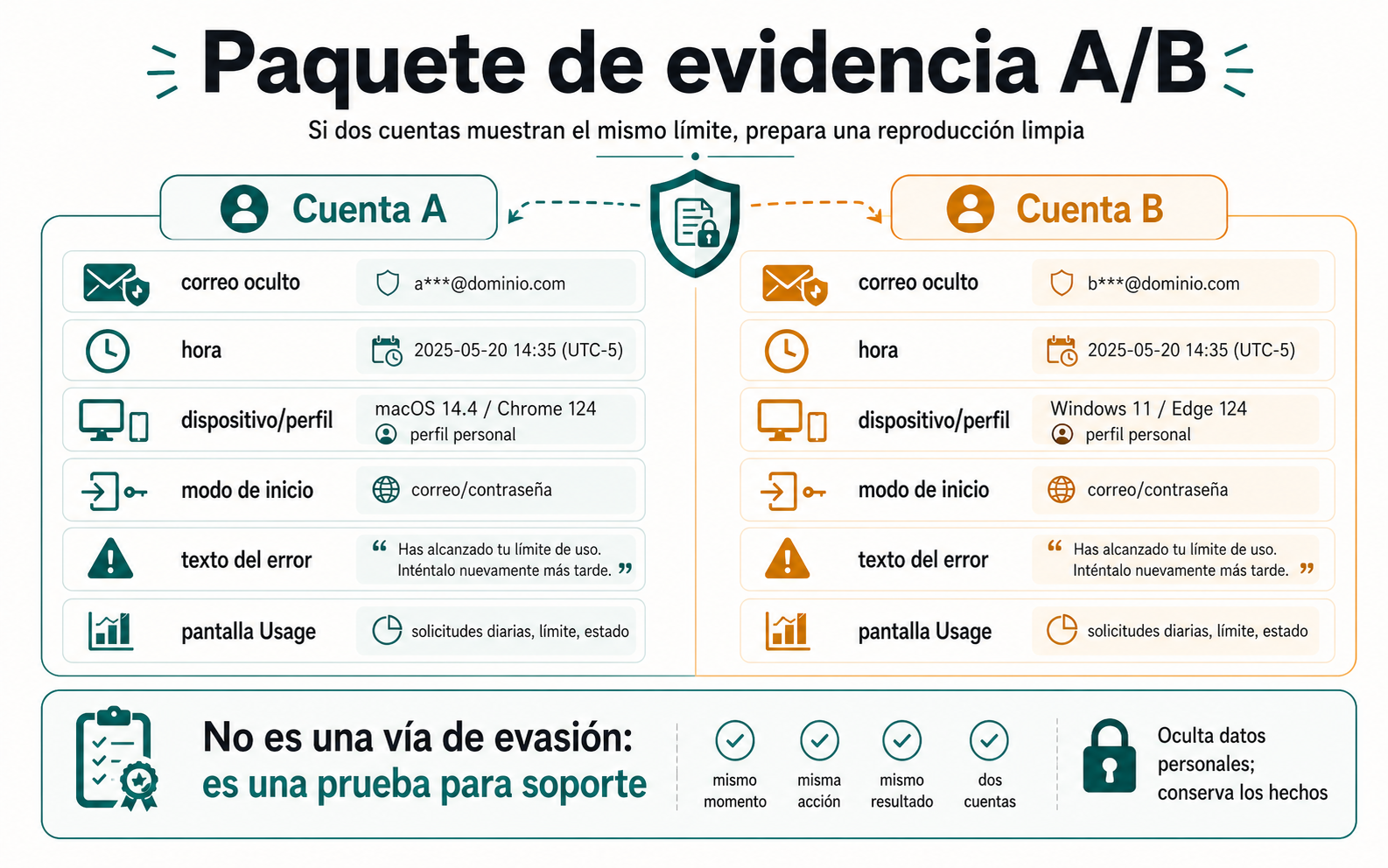 Paquete de evidencia A/B para probar si una segunda cuenta de Codex parece heredar el mismo límite en el mismo equipo.