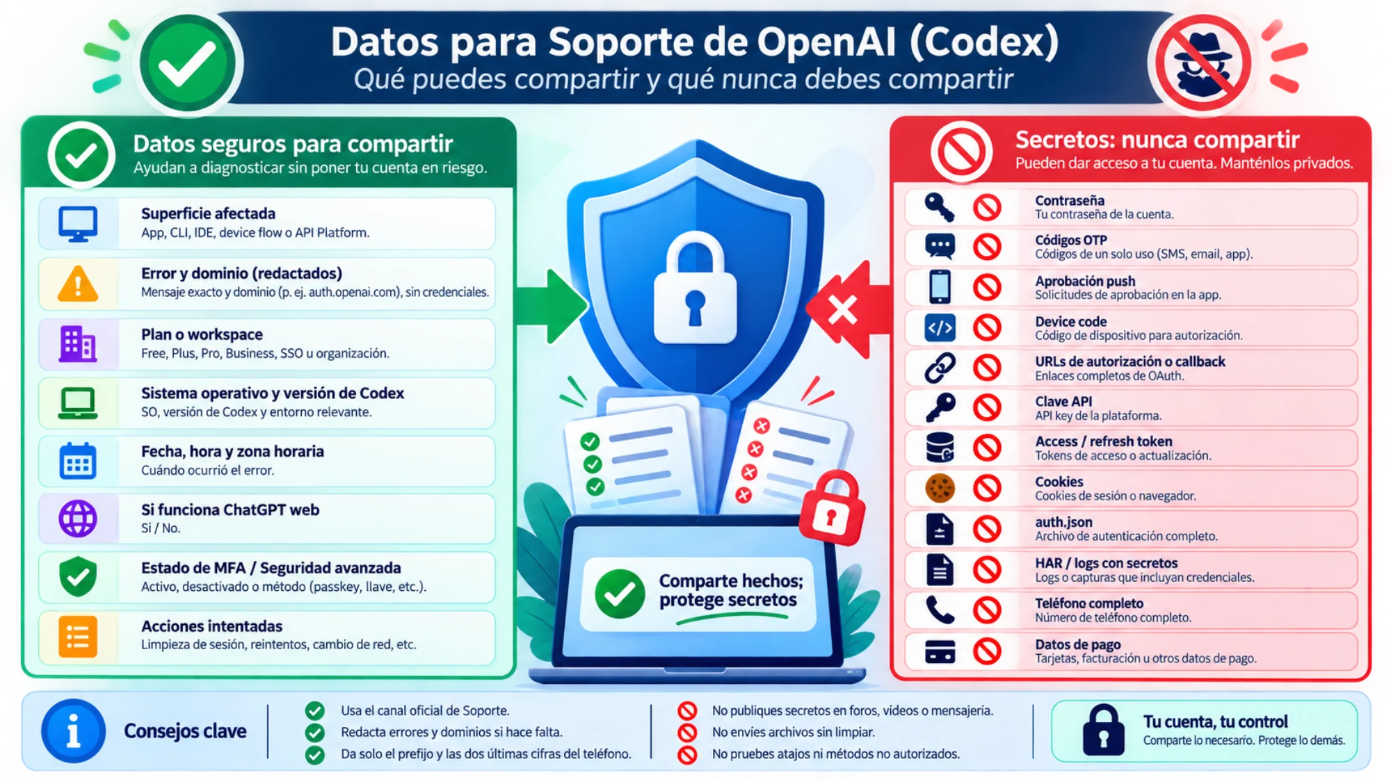 Datos de diagnóstico seguros para Soporte y secretos de autenticación que nunca se deben compartir