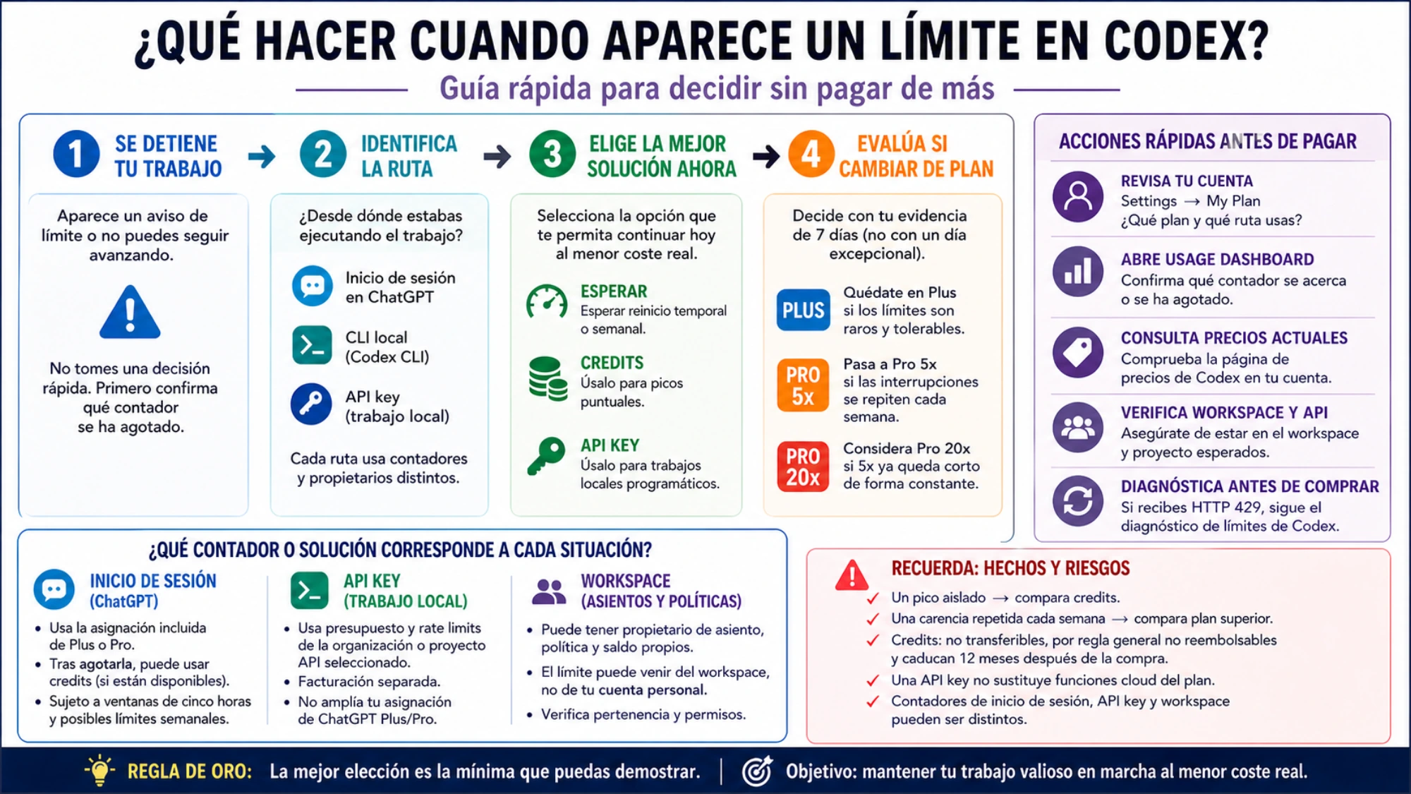 Guía para identificar el contador agotado, elegir entre esperar, credits o API local y verificar la cuenta antes de cambiar de plan