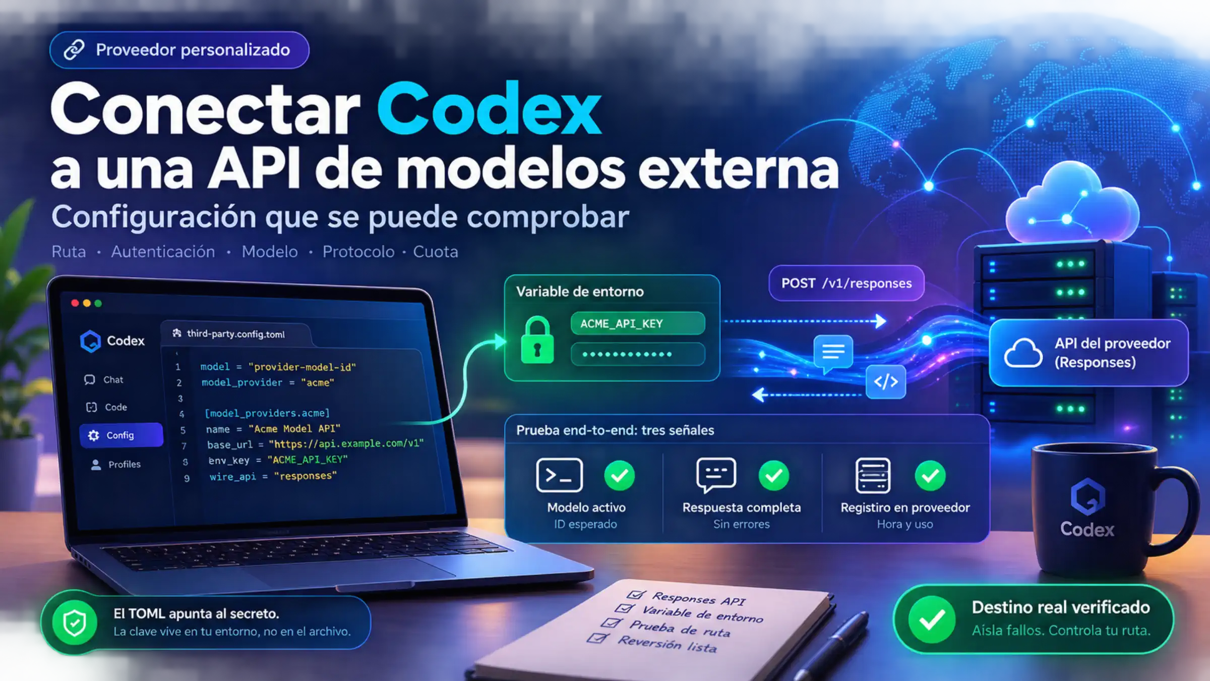 Codex conectado a una API de modelos externa mediante una ruta Responses verificable y una clave en variable de entorno