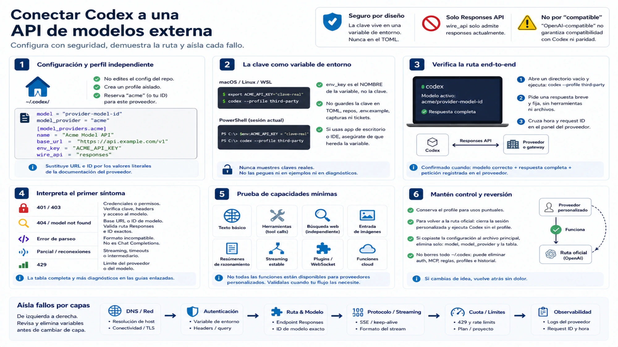 Visión completa para configurar un provider seguro, verificar la ruta, interpretar síntomas, probar capacidades y revertir