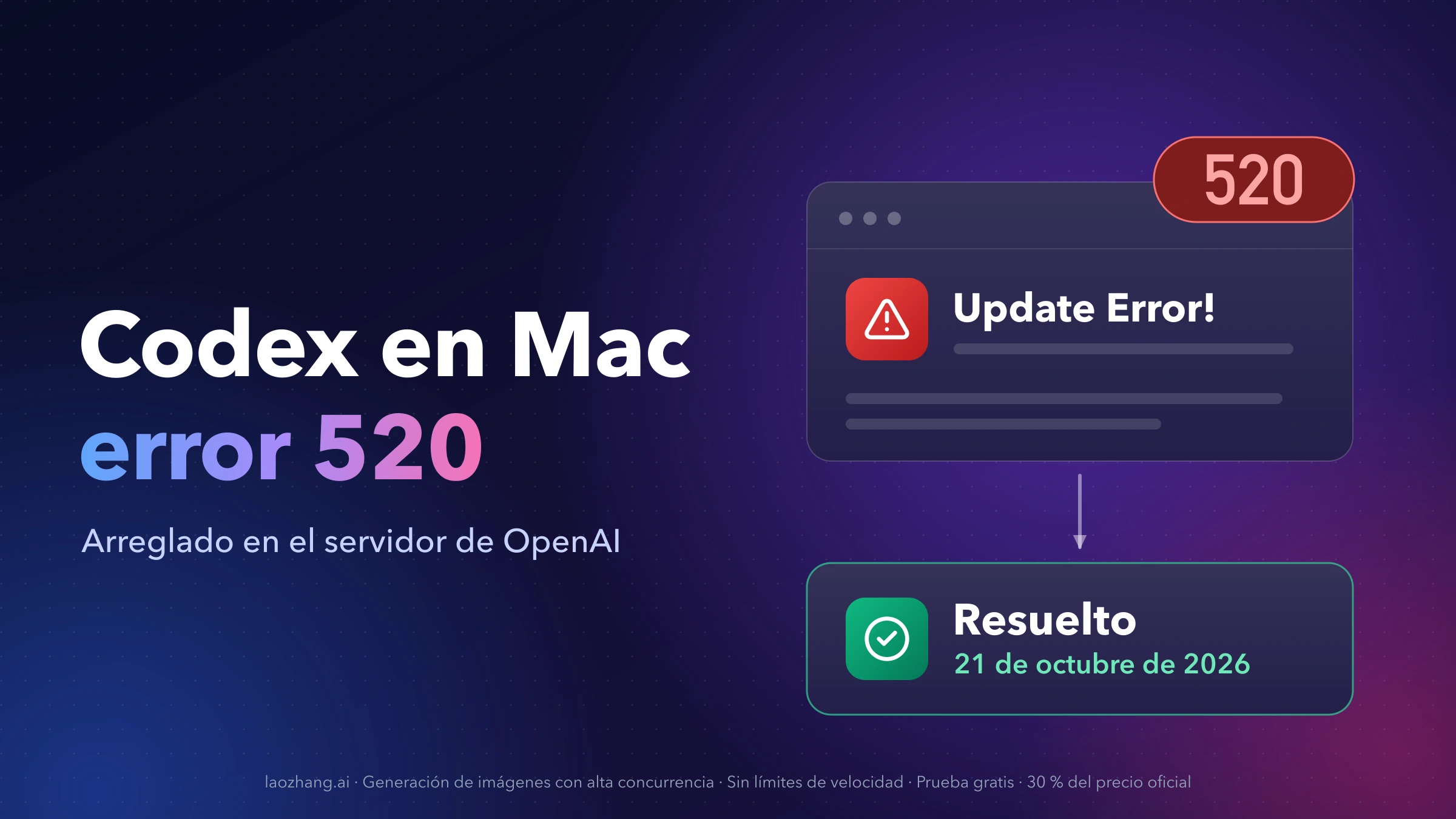 Ventana «Update Error!» de la app de Codex en Mac con una etiqueta roja de 520 y, debajo, una tarjeta verde: resuelto el 21 de octubre de 2026