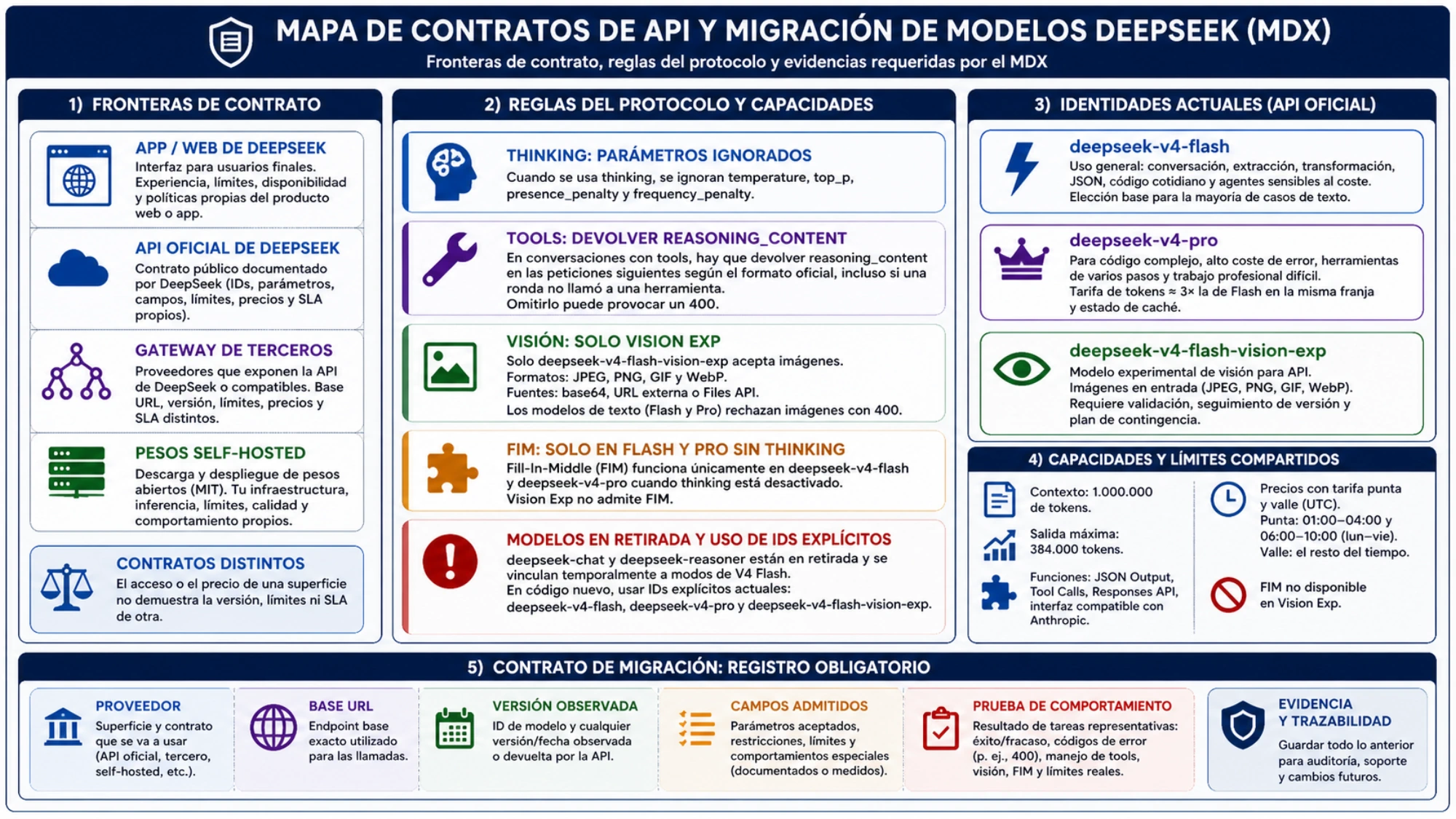 Mapa de contratos de API, capacidades y registro de migración para los modelos actuales de DeepSeek
