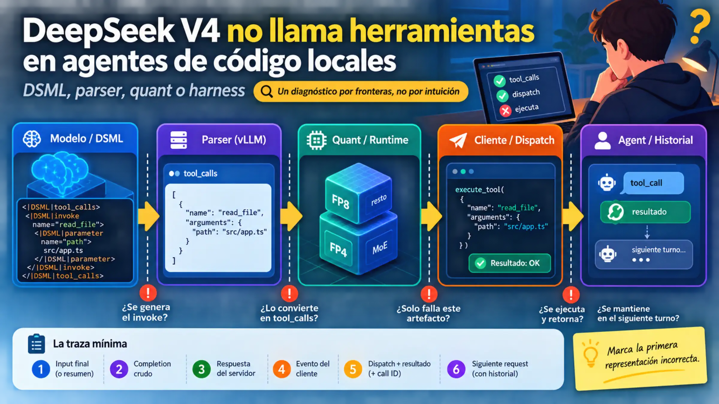 Fronteras de una llamada de DeepSeek V4 entre modelo, parser, runtime y agent harness