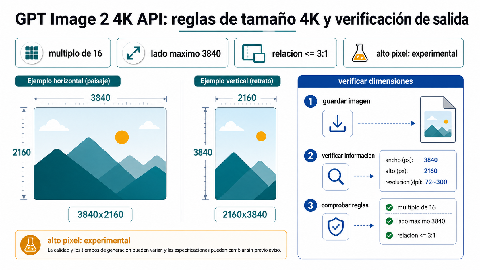 Reglas de tamaño 4K de GPT Image 2 para dimensiones, ratio, borde máximo y verificación del archivo guardado