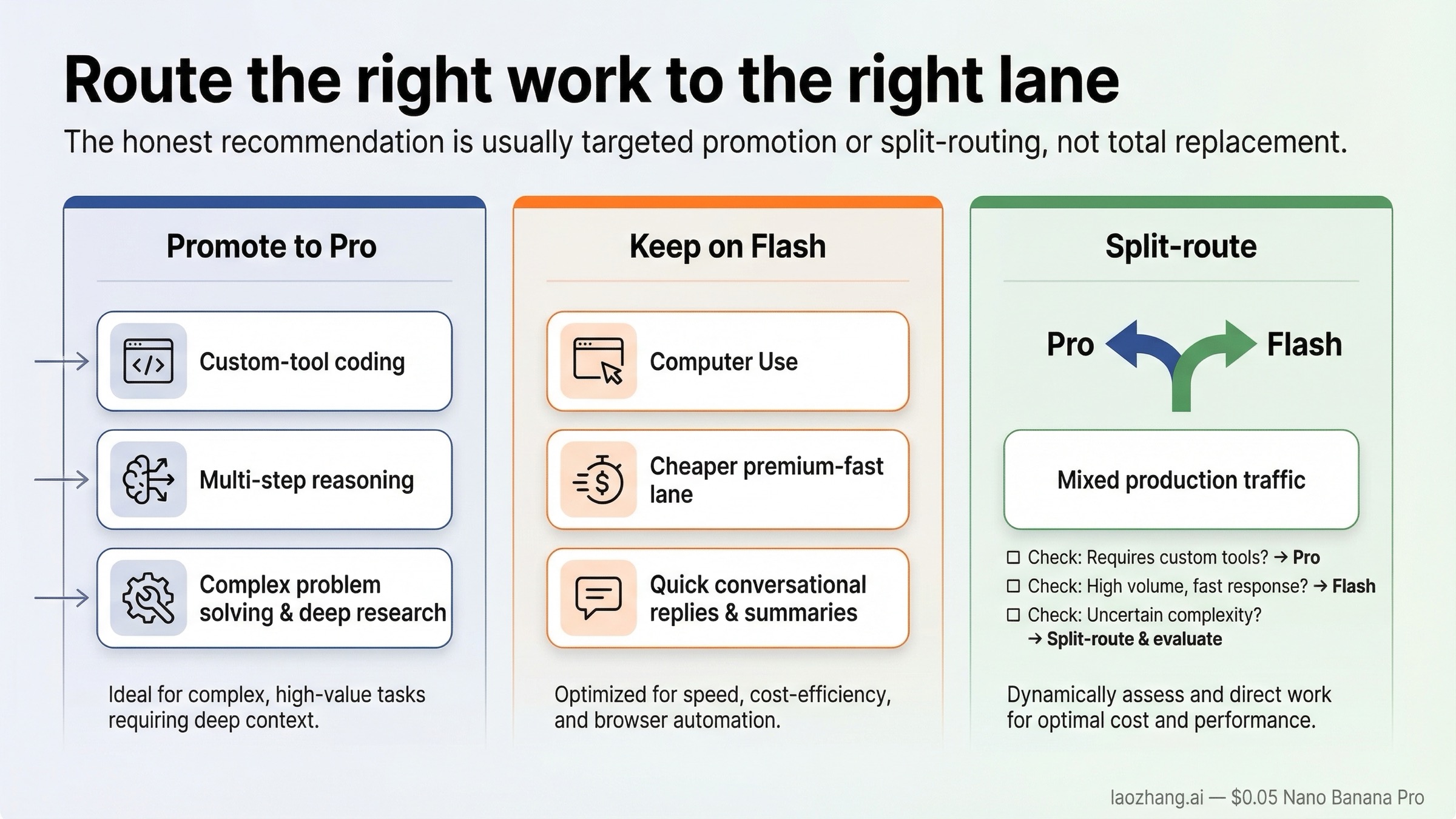 Routing board que muestra qué workloads deben subir a Pro y cuáles deben quedarse en Flash.