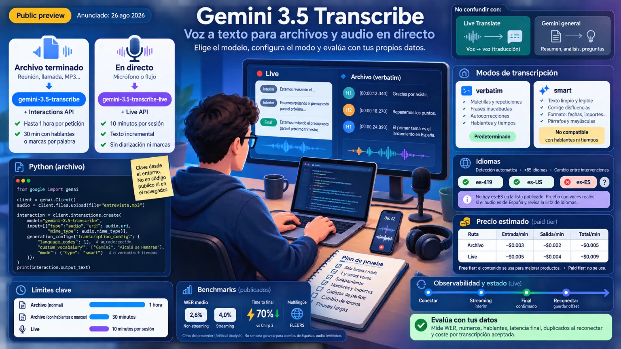 Espacio de trabajo de un desarrollador evaluando Gemini 3.5 Transcribe con archivos y audio en directo, modos verbatim y smart, códigos de español, precios, límites, estados Live y un plan de pruebas