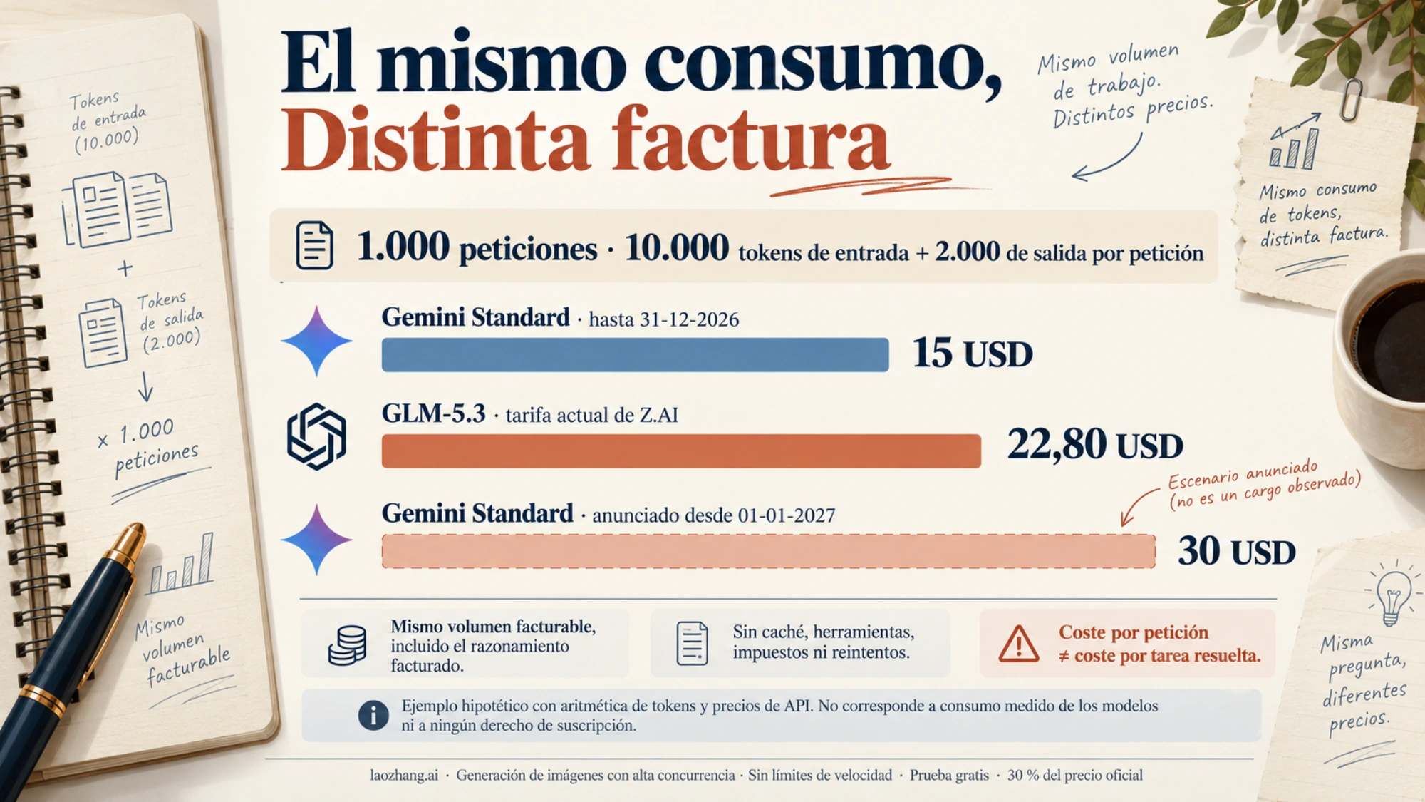 Ejemplo visual del coste de mil peticiones con el mismo volumen facturable en Gemini Standard y GLM-5.3